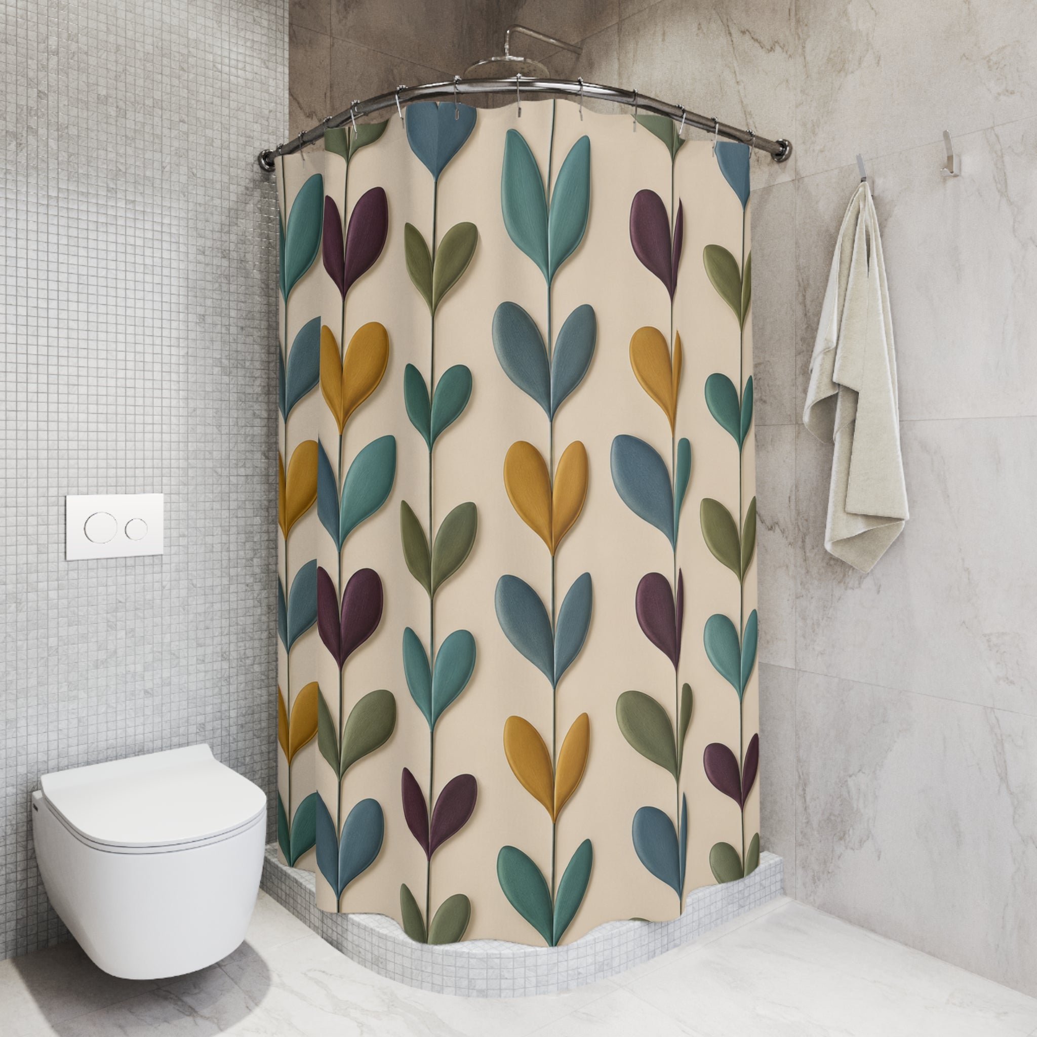 Rideau de douche en tissu avec motif feuilles colorées, fixé sur barre avec œillets.