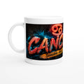 Mug blanc en studio, design CANCER rouge et bleu sur fond noir