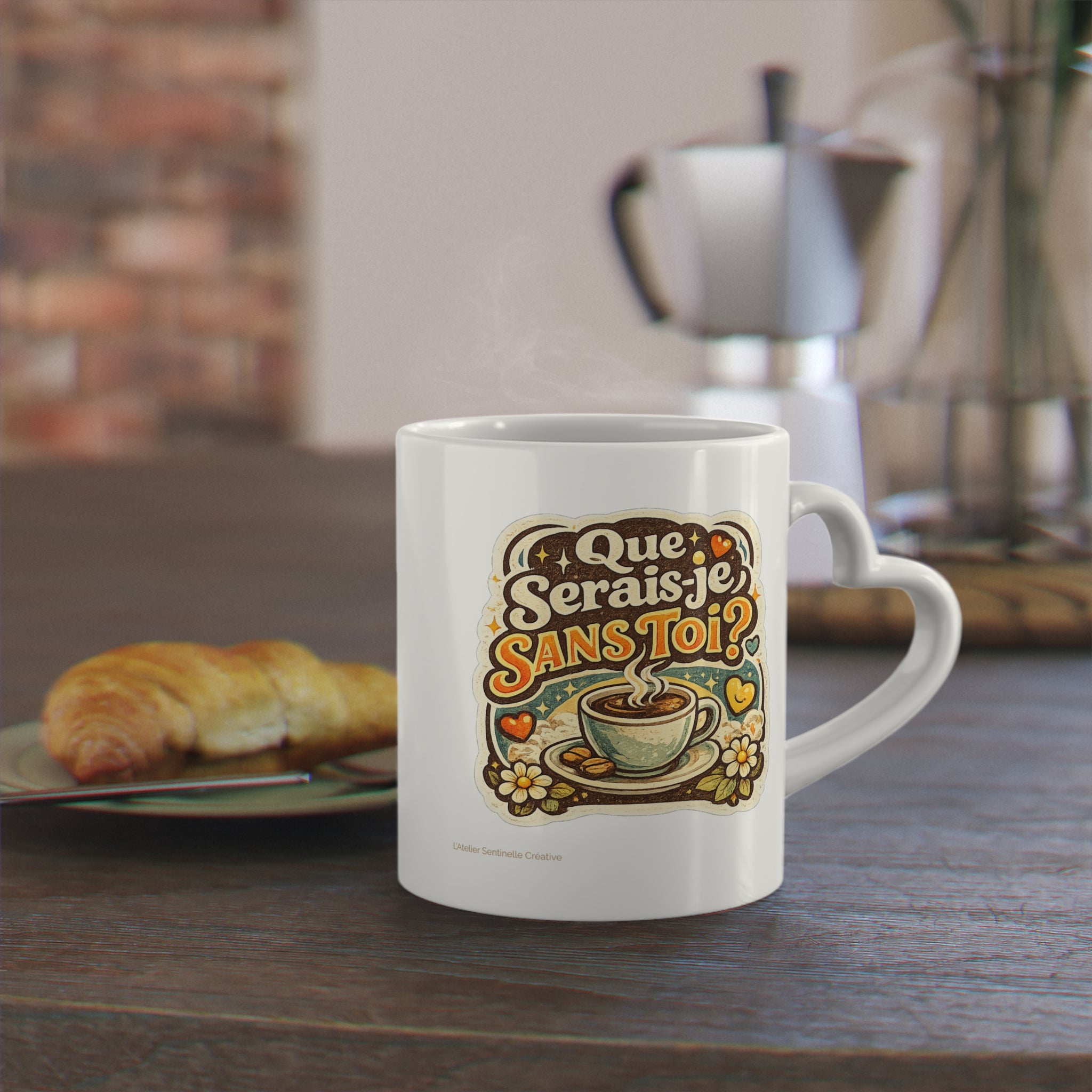 Tasse blanche avec illustration « Que serais-je sans toi ? » sur le devant