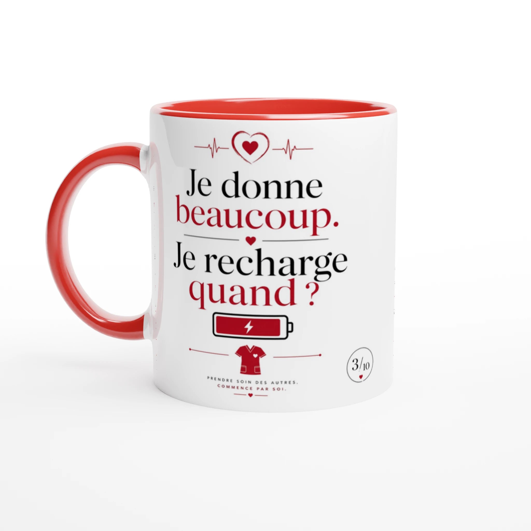 Mug en céramique blanc à anse rouge, texte « Je donne beaucoup »