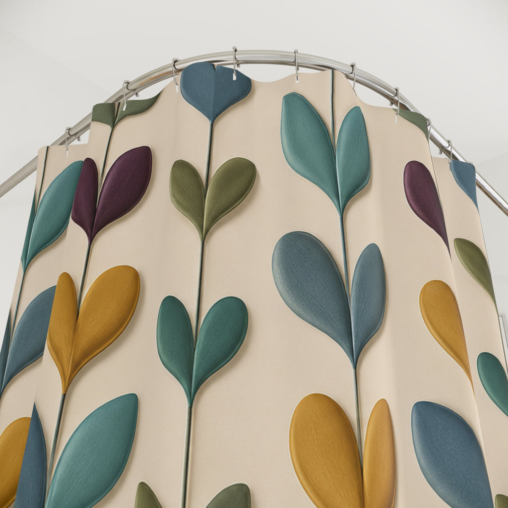 Rideau de douche beige à motifs feuilles botaniques stylisées, tons verts et bleus, œillets