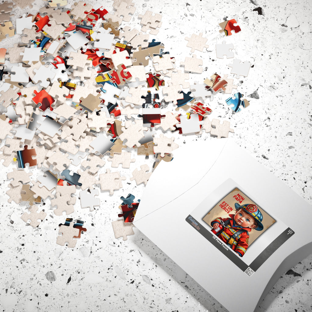 Boîte de puzzle blanche et pièces éparpillées, visuel « Mon papa est un héros »