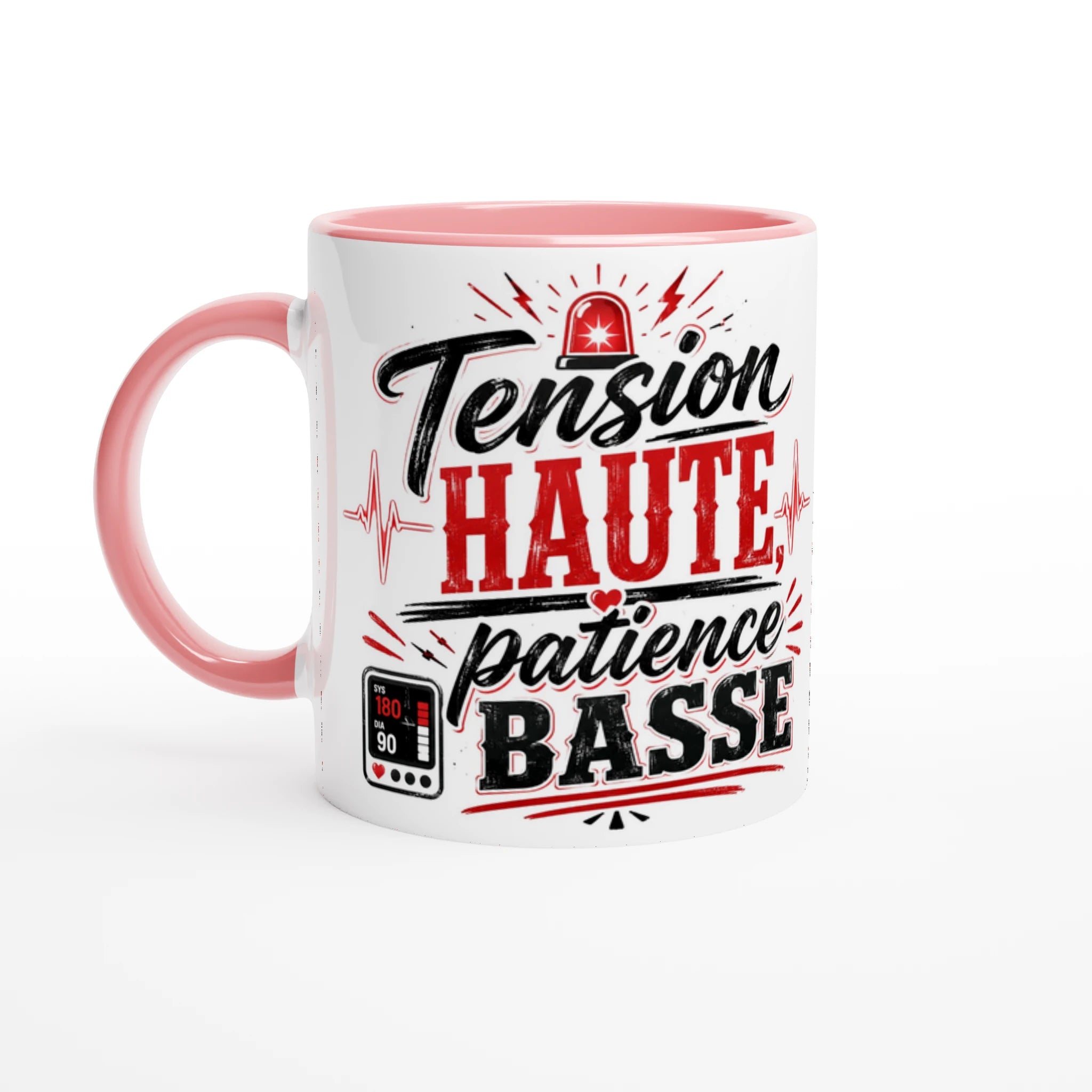 Mug en céramique blanc, anse rose, inscription Tension Haute patience Basse