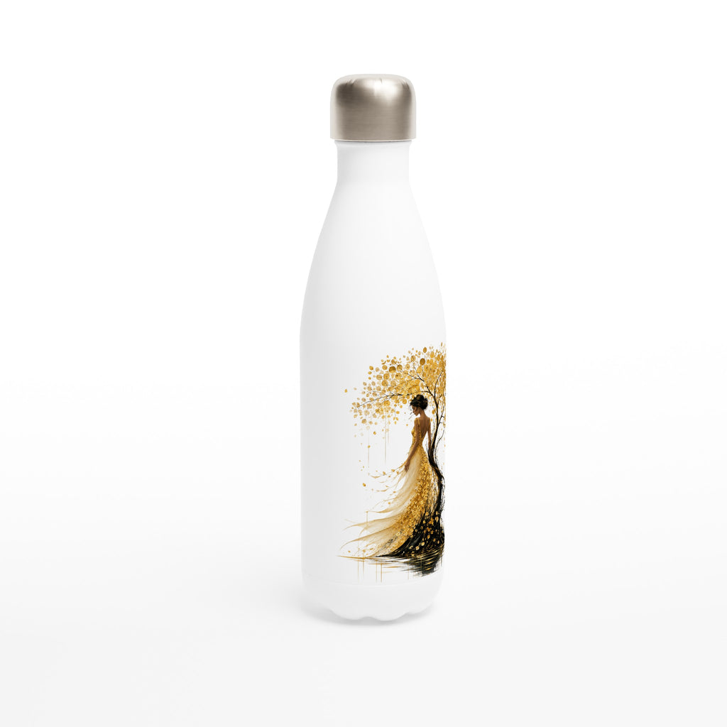 Bouteille isotherme blanche, bouchon doré, motif arbre doré en illustration