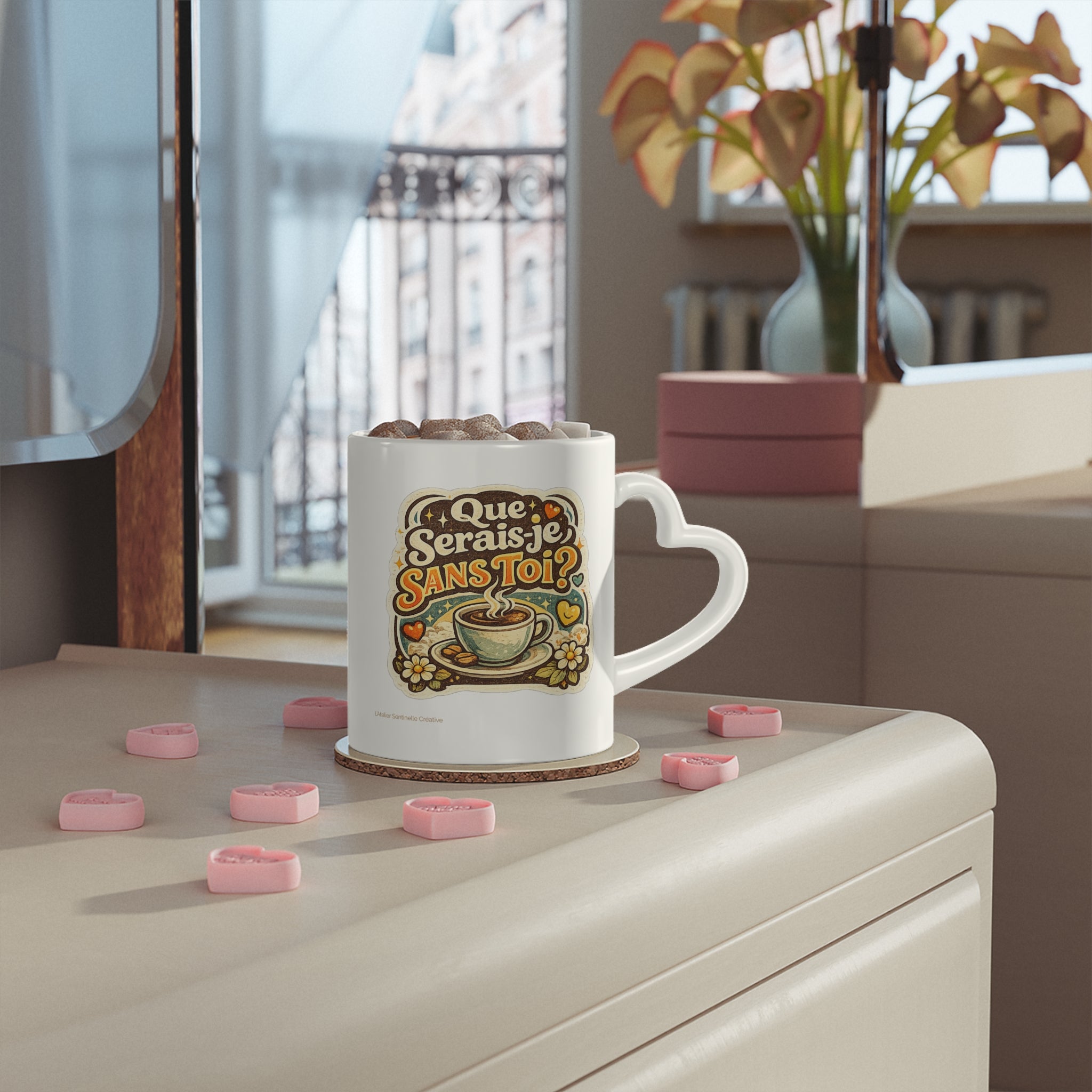 Tasse blanche avec illustration « Que serais-je sans toi ? » et anse