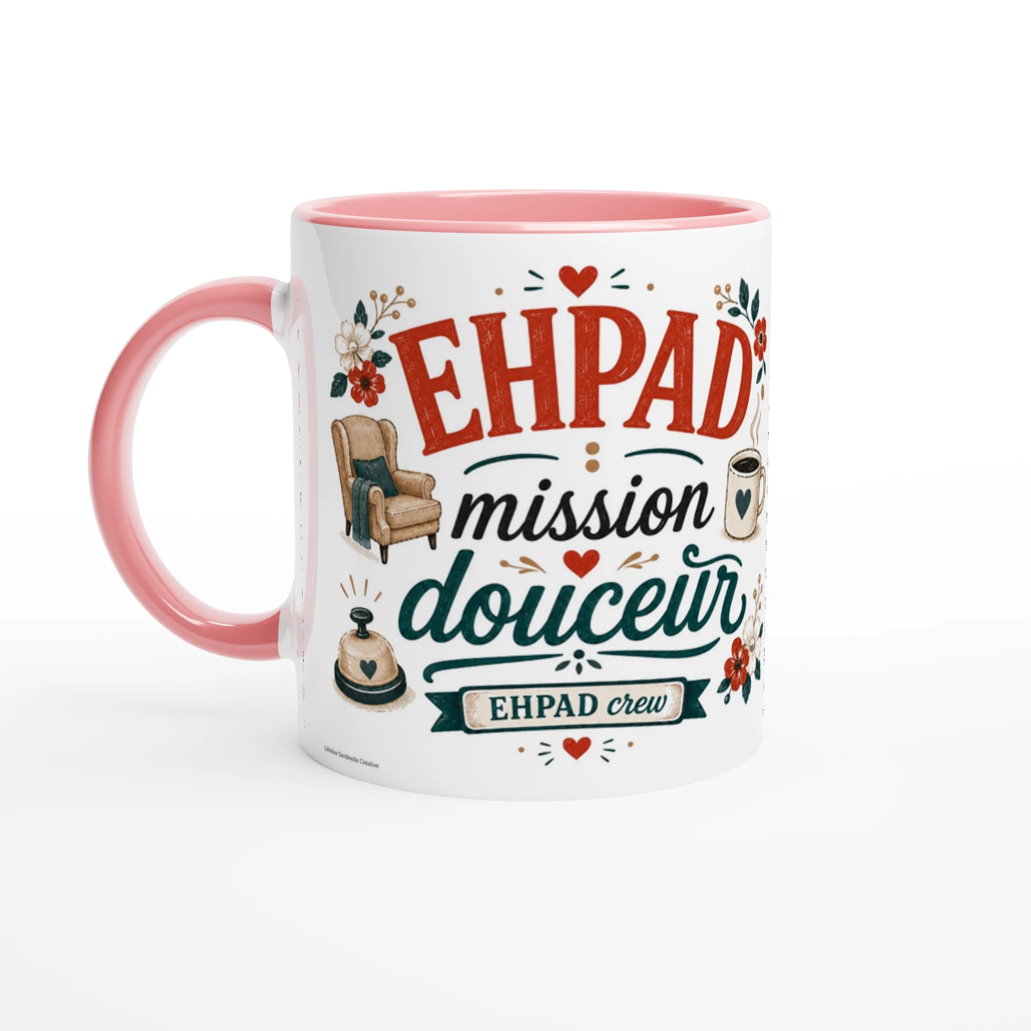 Mug blanc à anse rose, texte « EHPAD mission douceur » et cœurs