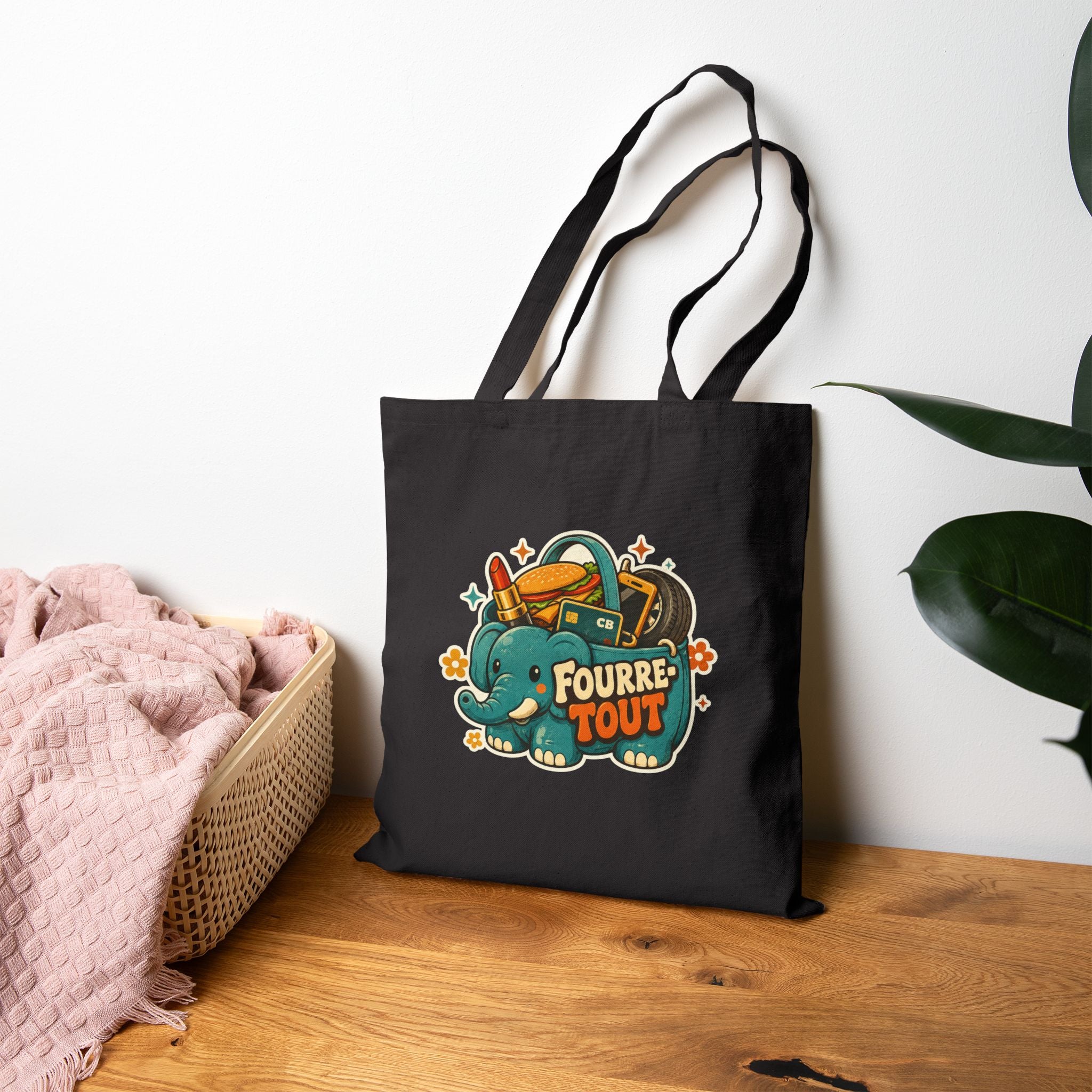 Tote bag noir en toile avec motif éléphant « FOURRE TOUT »