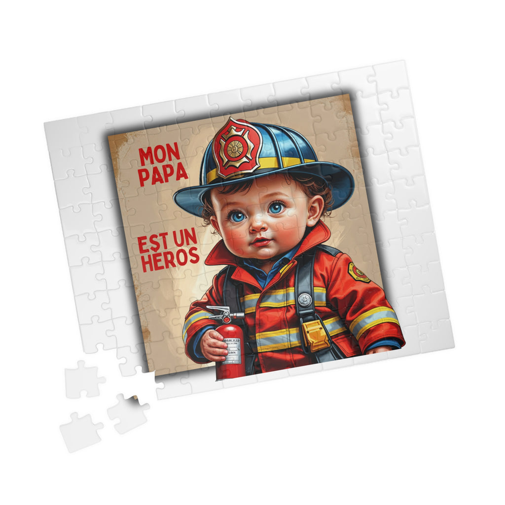 Puzzle avec image bébé pompier et pièces blanches autour, format rectangulaire