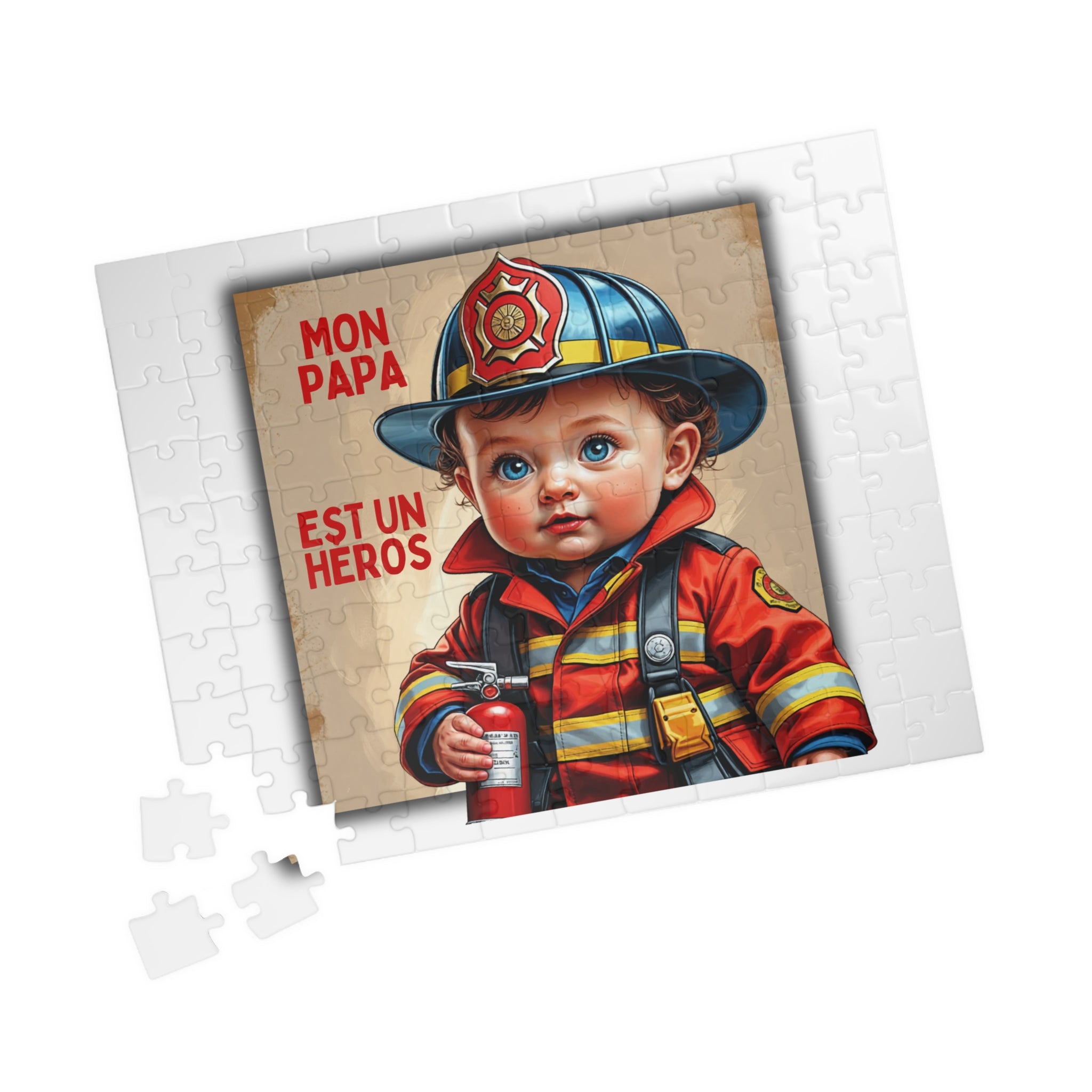 Puzzle avec image bébé pompier et pièces blanches autour, format rectangulaire
