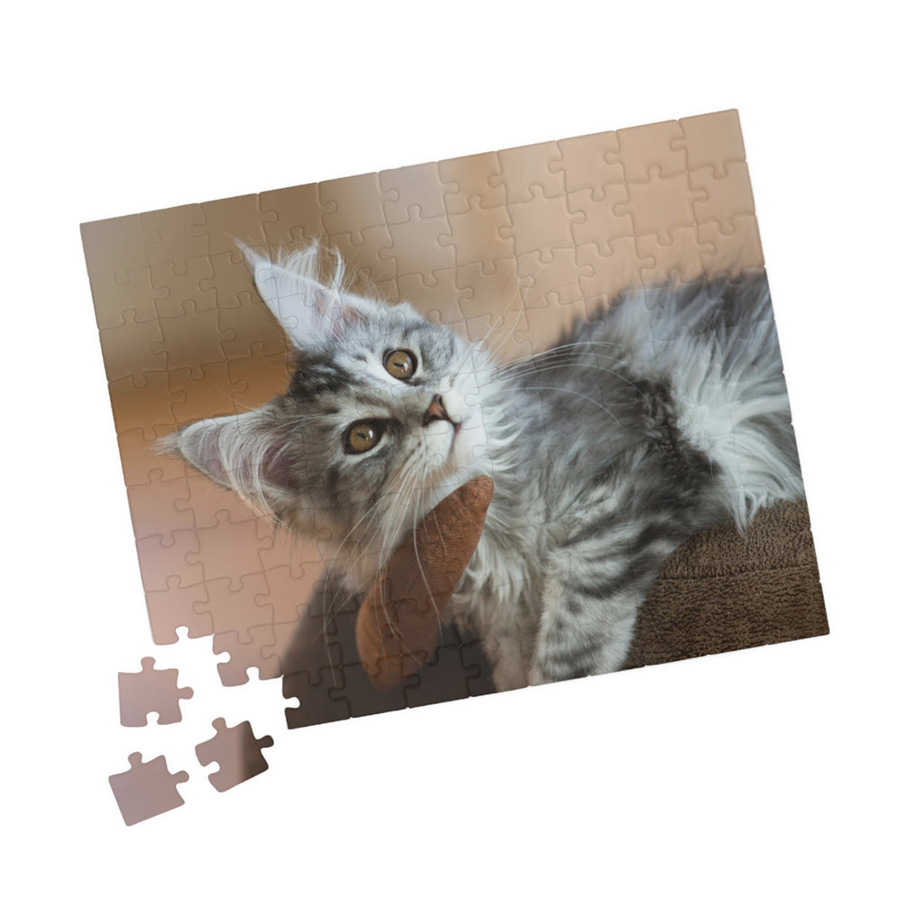 Puzzle en carton avec image de deux chats gris, pièces détachées visibles