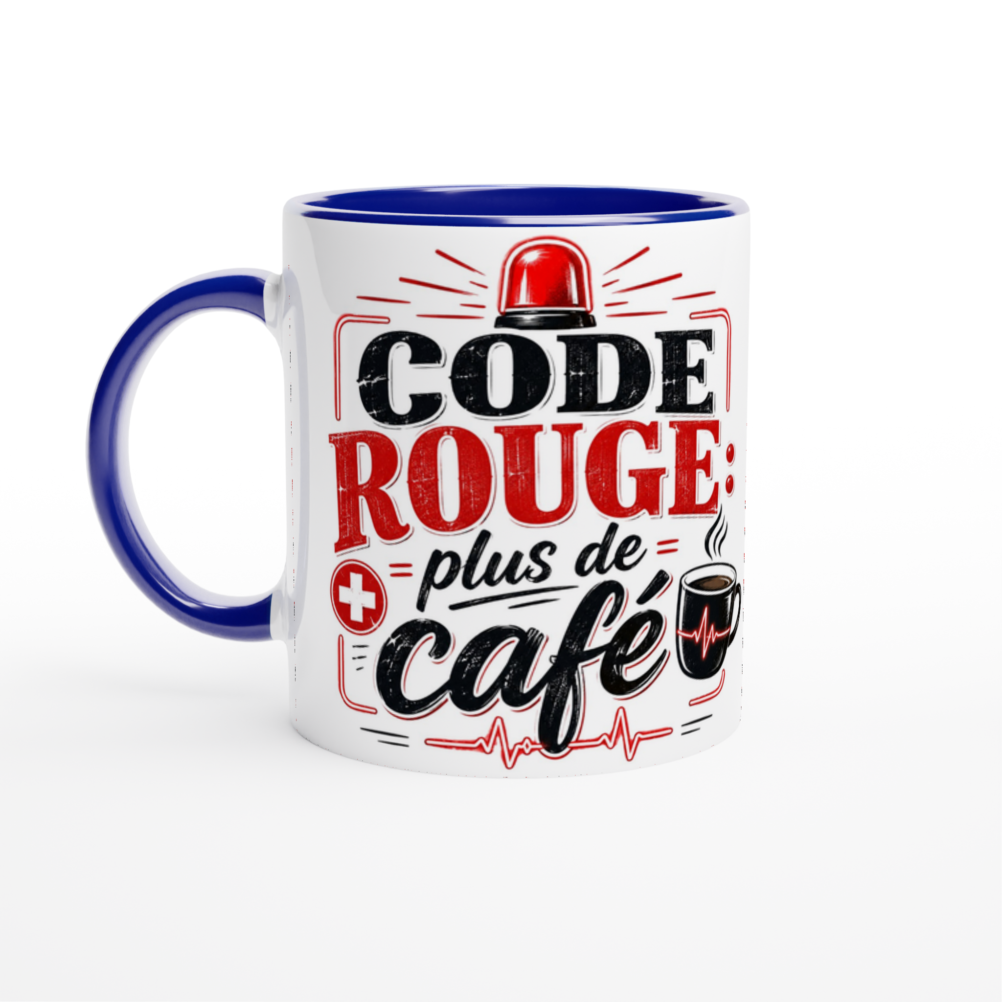 Tasse en céramique blanche, anses et bord bleus, motif « Code Rouge plus de café ».