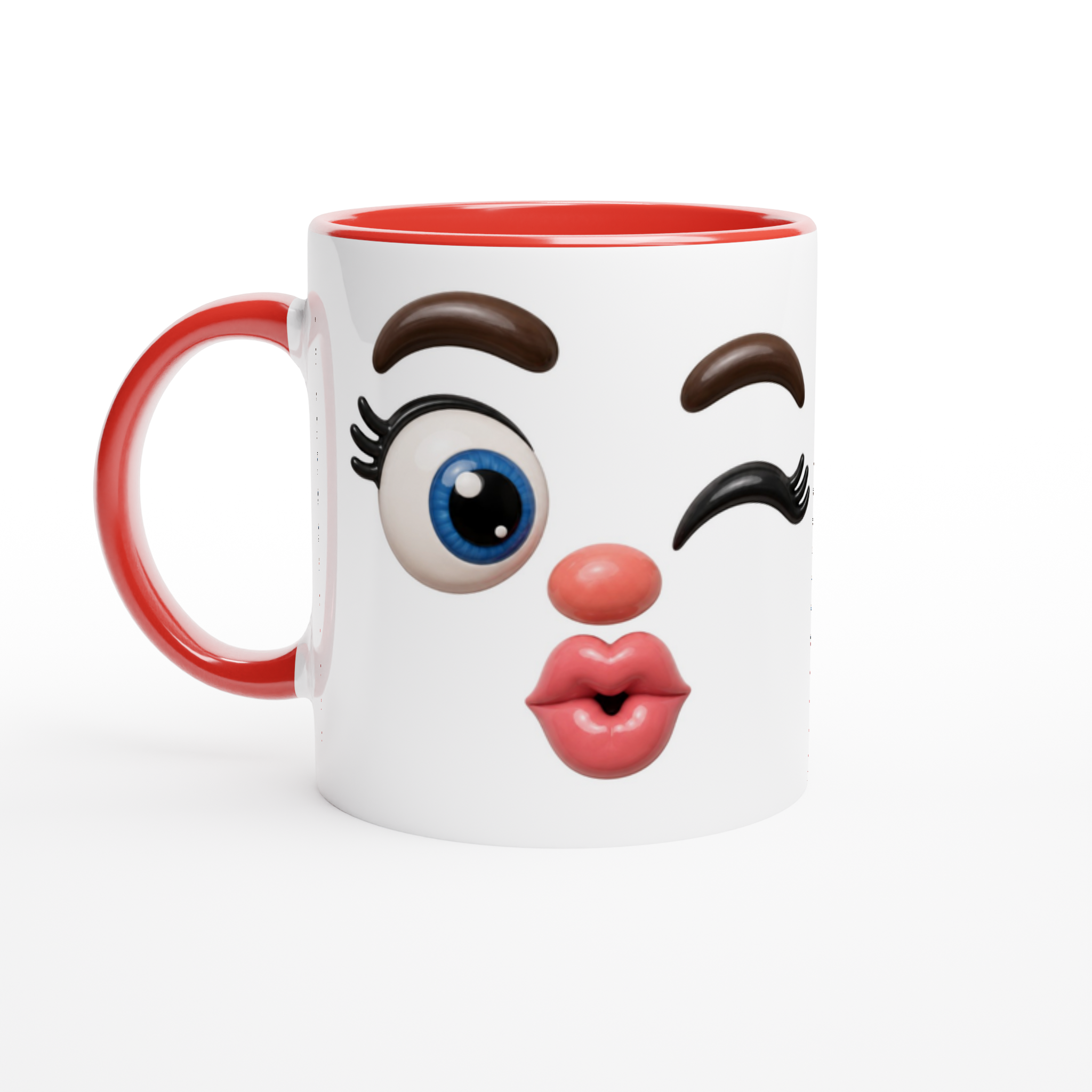 Mug en céramique blanc au visage kawaii souriant, anse rouge et rebord rouge