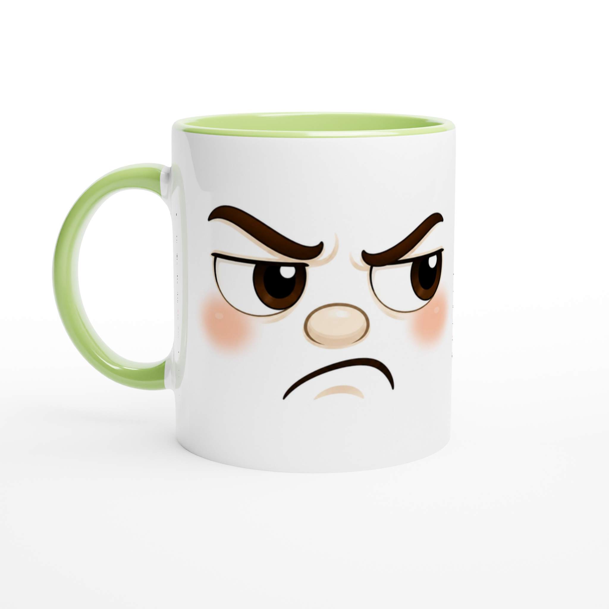 Mug en céramique blanc, bord et anse vert clair, visage fâché dessiné.