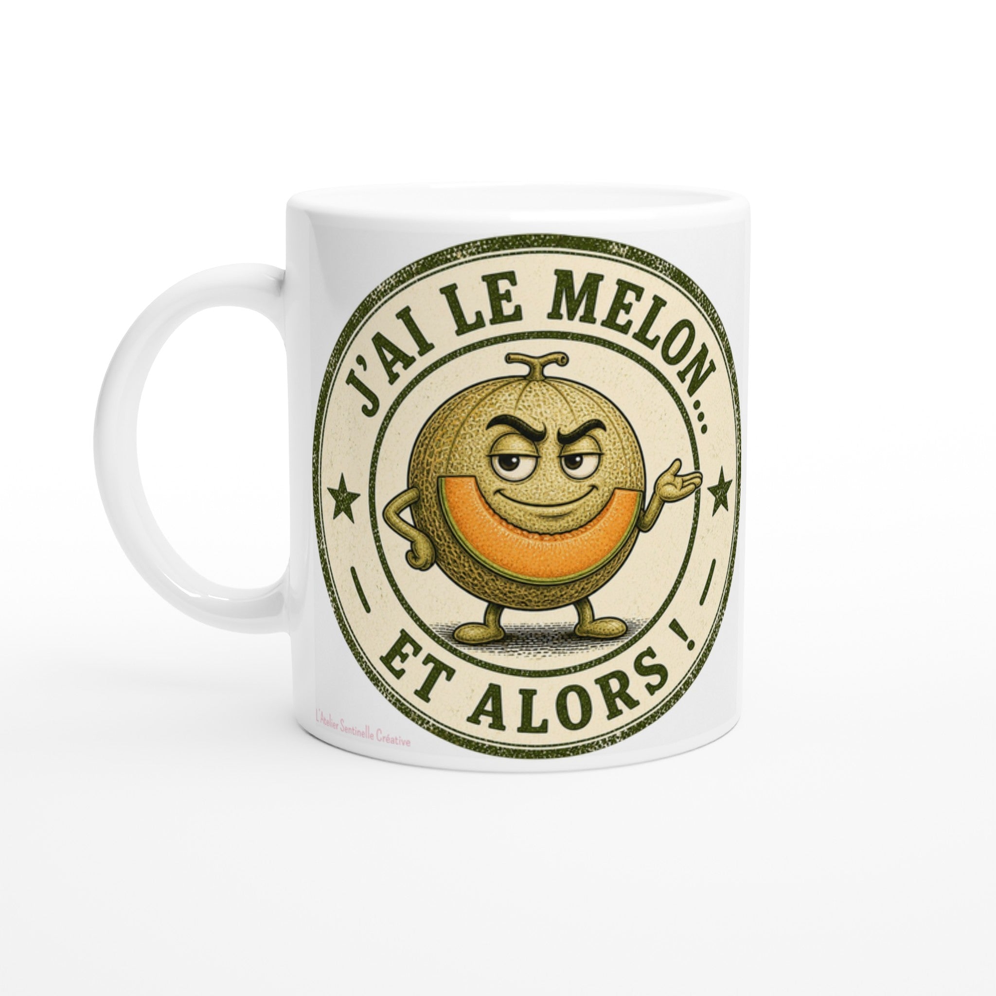 Mug blanc avec grand logo « J'ai le melon et alors ! » et personnage melon souriant