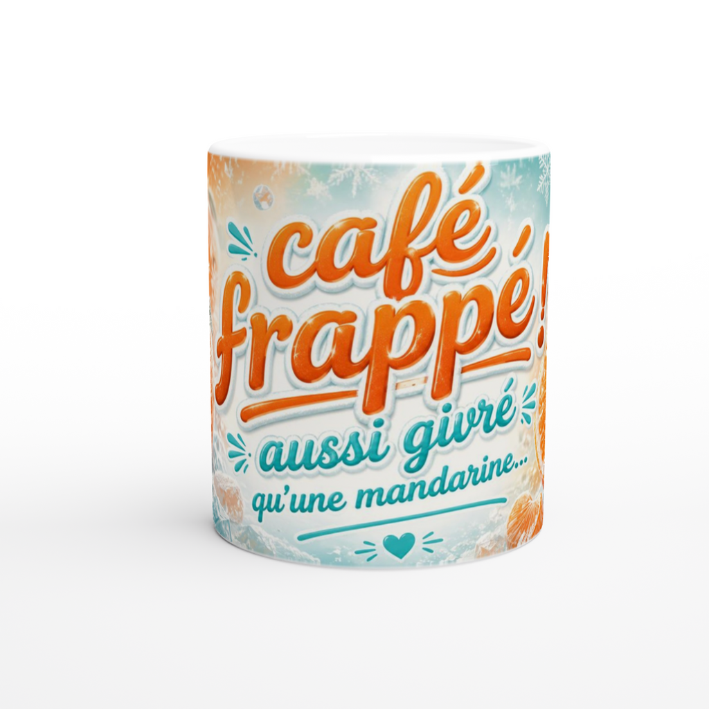 Mug blanc avec texte « Café frappé ! » et mandarines sur fond bleu