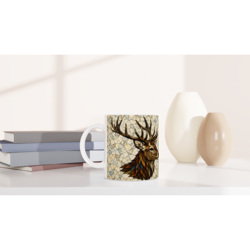 Mug en céramique blanc, cerf illustré au centre sur toute la surface