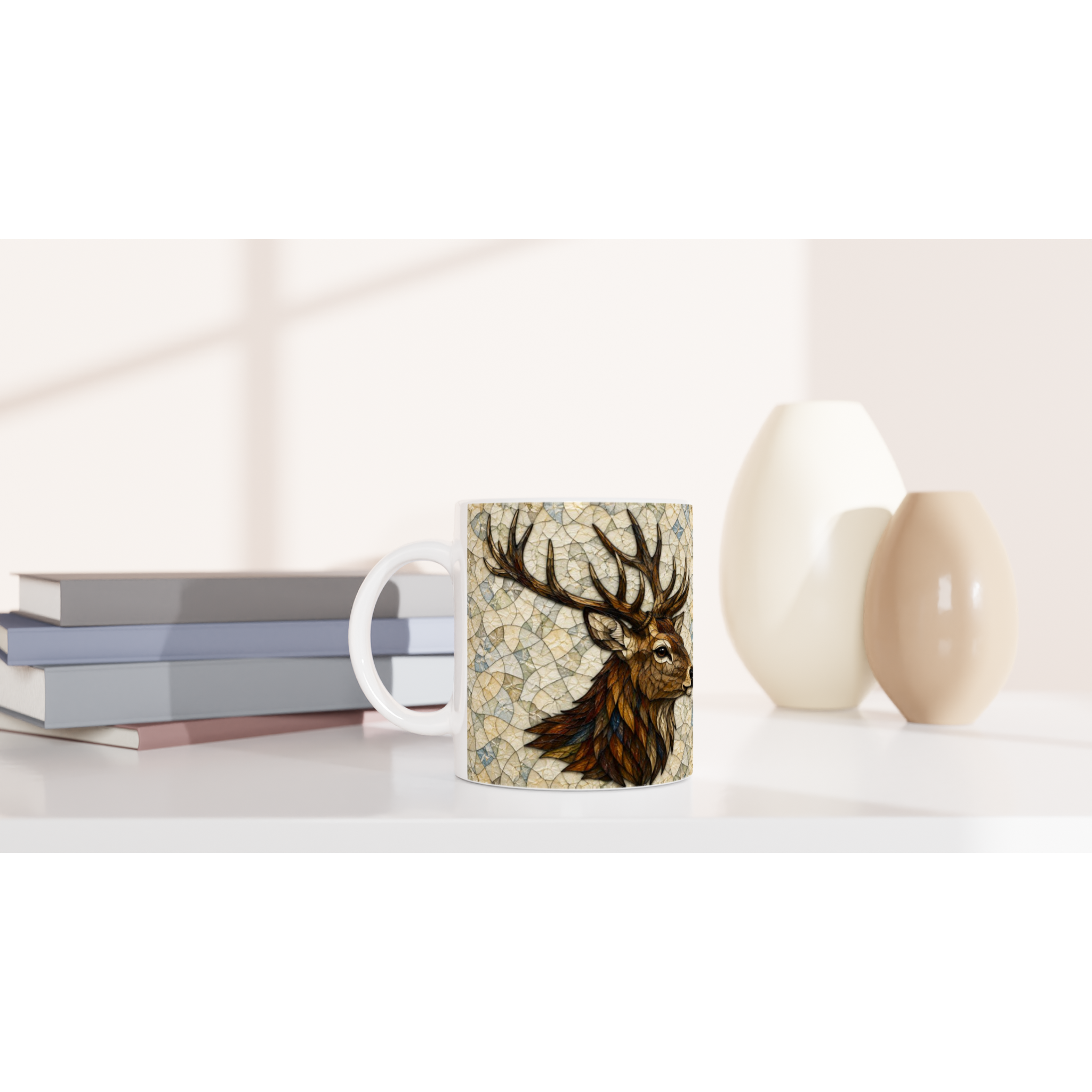 Mug en céramique blanc, cerf illustré au centre sur toute la surface