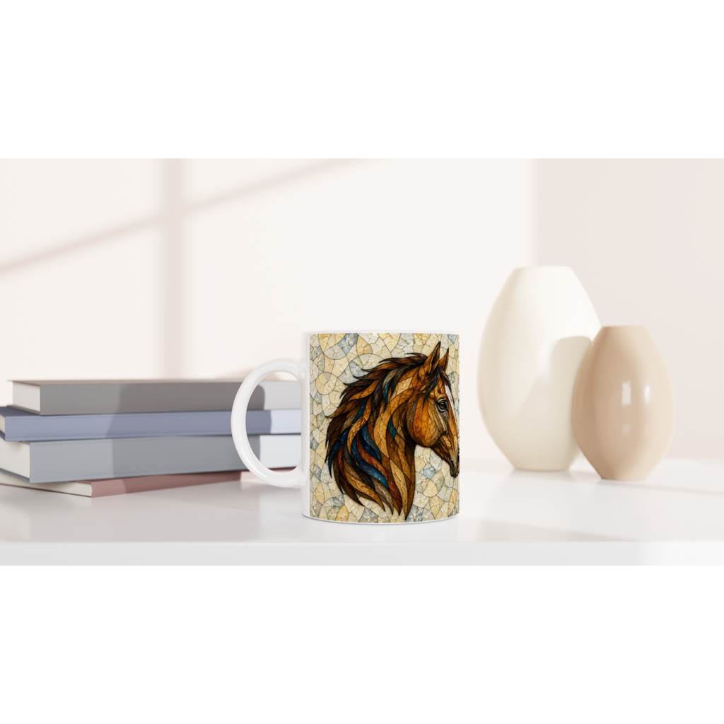 Mug en céramique blanche avec motif de cheval centré, style peinture mosaïque craquelée.