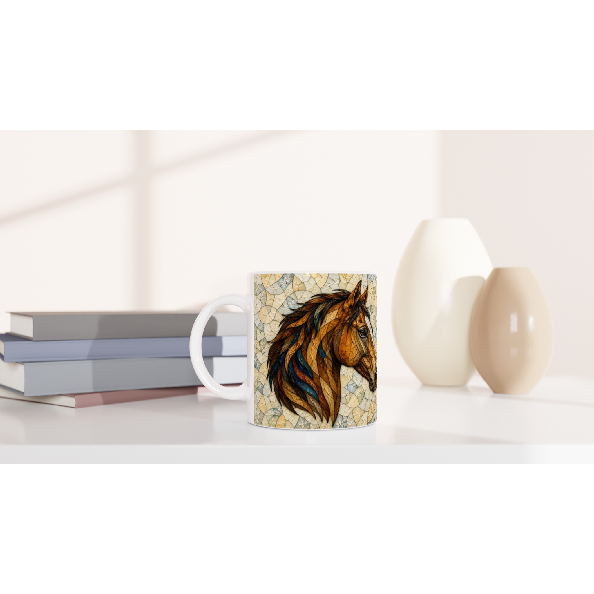 Mug en céramique blanche avec motif de cheval centré, style peinture mosaïque craquelée.