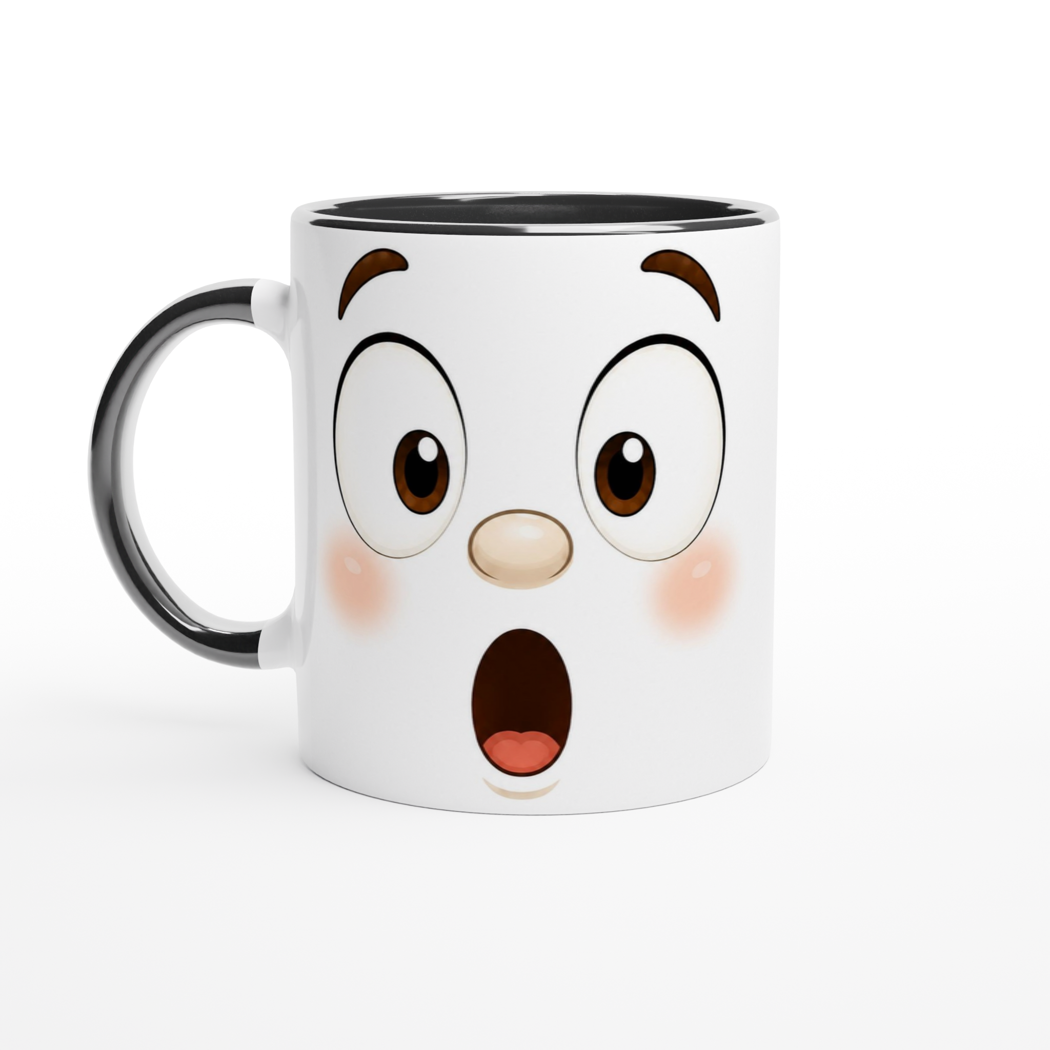 Tasse blanche en céramique, anse et bord gris foncé, visage Kawaii bouche ouverte.