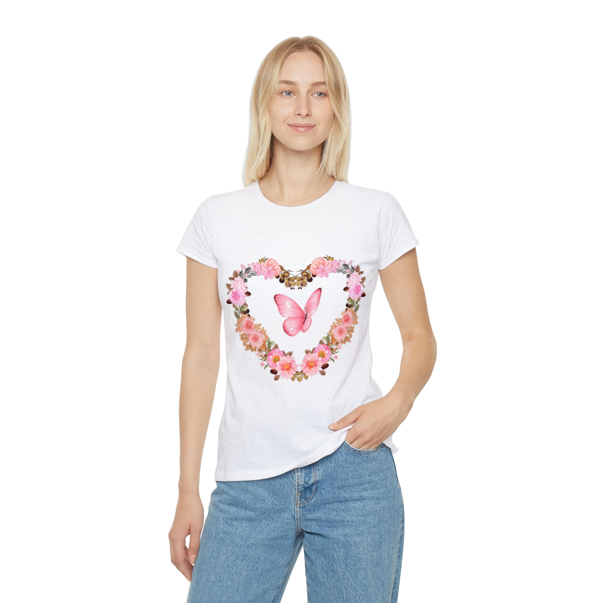 T-shirt femme blanc à col rond, motif cœur fleuri rose et papillon rose