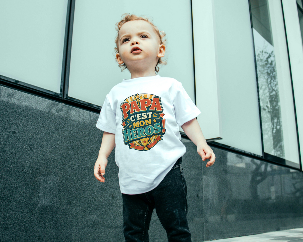 T-shirt enfant blanc à manches courtes, imprimé multicolore « Papa c'est mon héros »