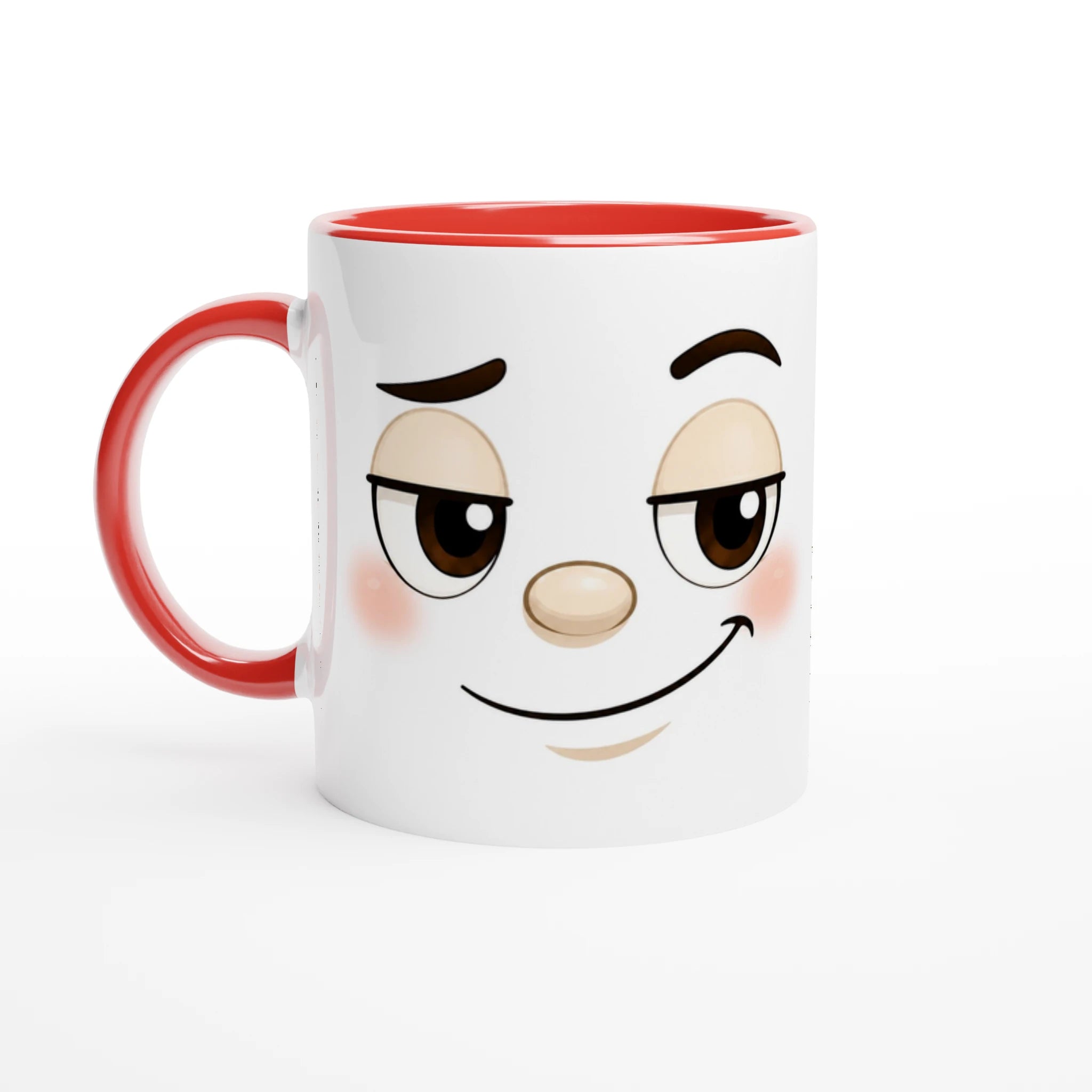 Mug en céramique blanc à bord et anse rouges, visage kawaii souriant
