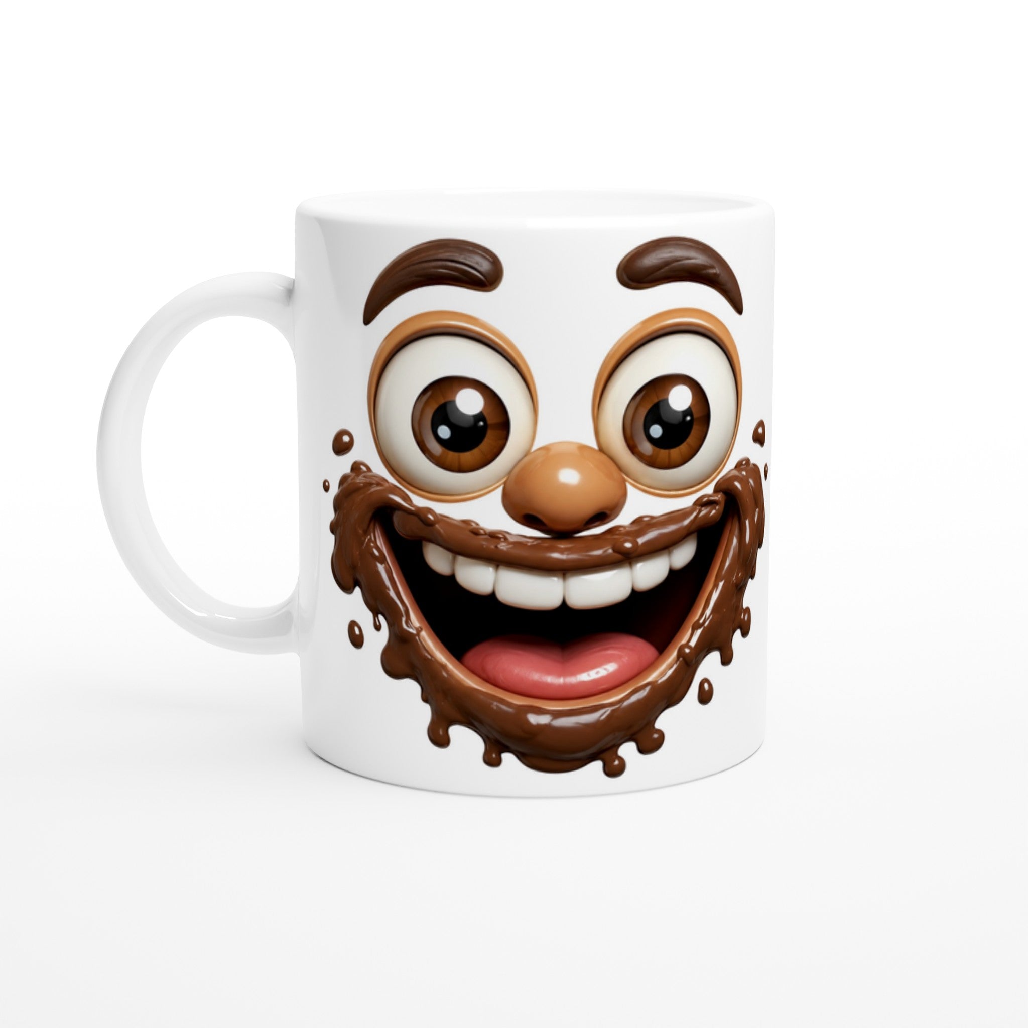 Mug en céramique blanche avec visage chocolat souriant, vue de face