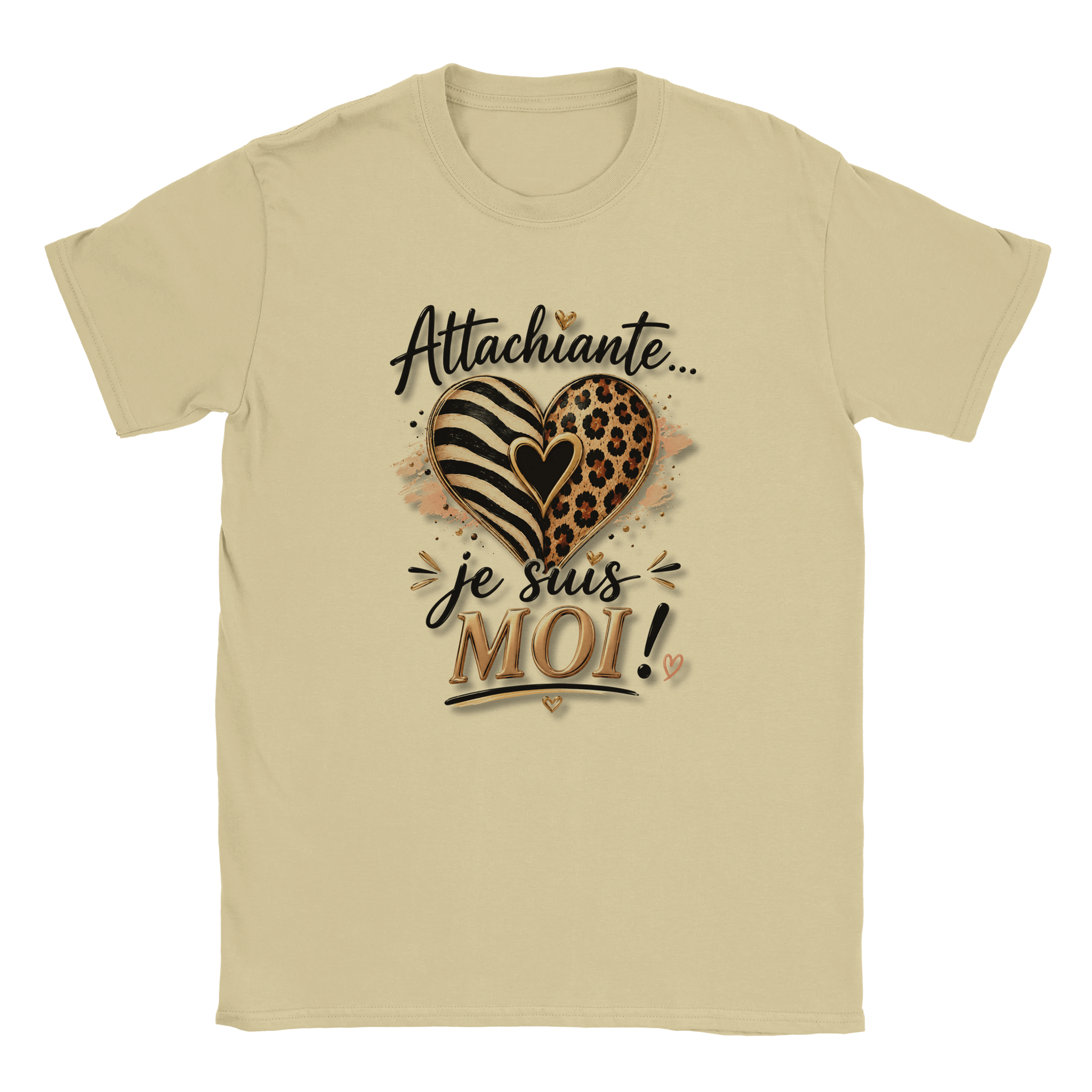 T-shirt femme beige clair avec cœur léopard et texte « je suis MOI »