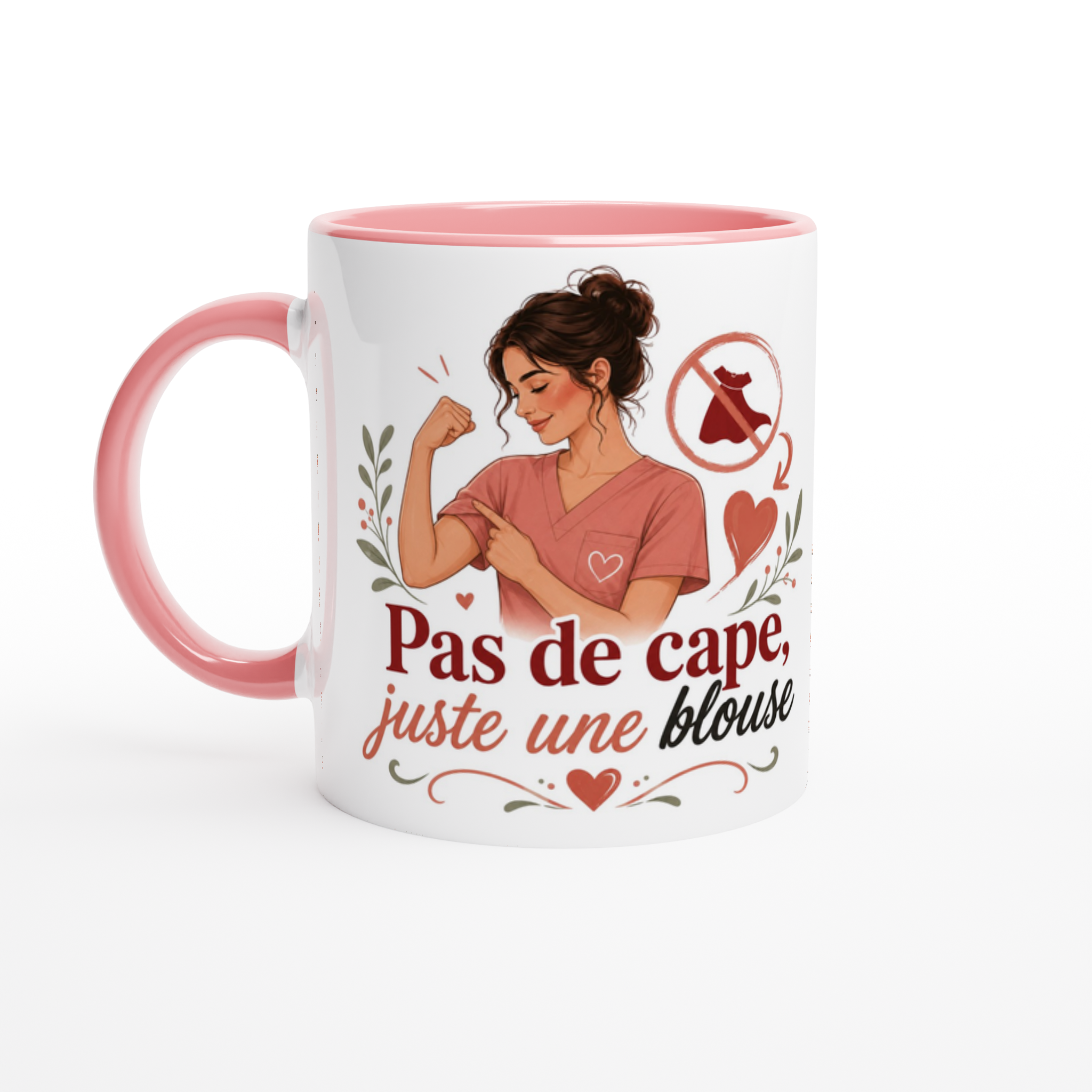 Mug en céramique blanc, anse et intérieur roses, motif « Pas de cape, juste une blouse ».