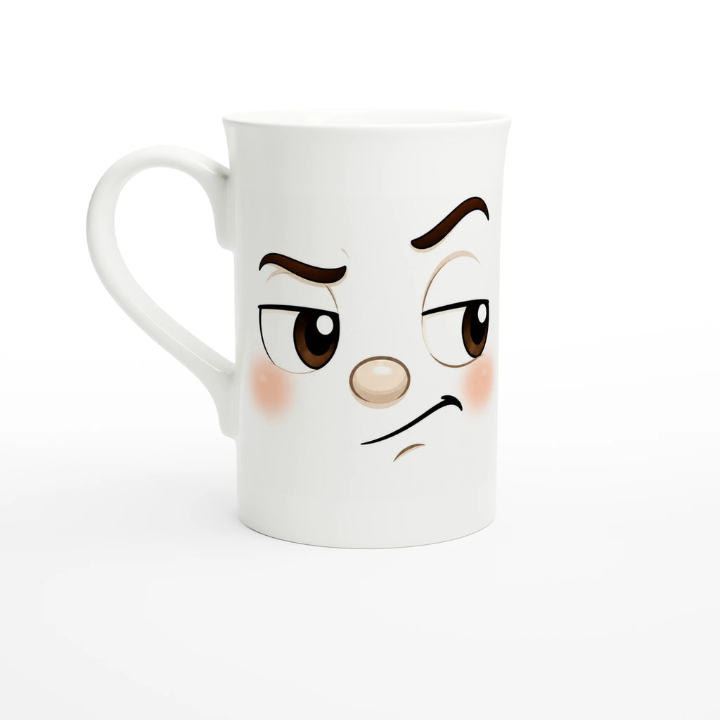 Mug blanc en céramique avec dessin visage kawaii et regard soupçonneux.