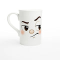 Mug blanc en céramique avec dessin visage kawaii et regard soupçonneux.