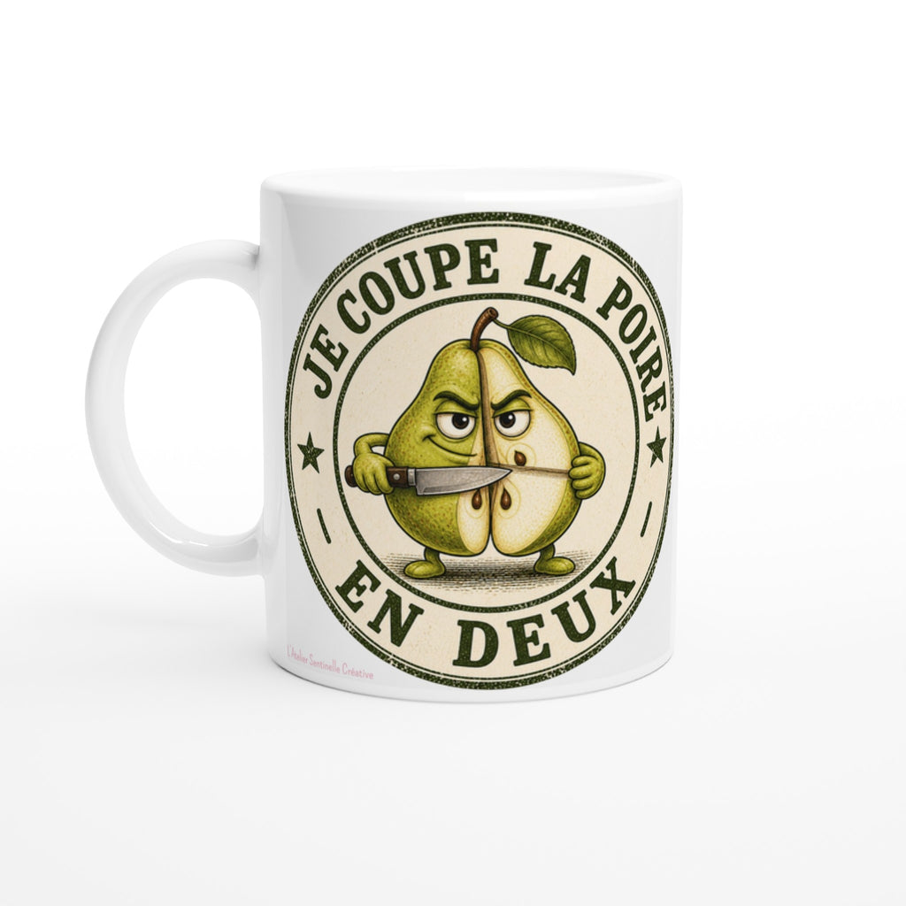 Mug blanc en gros plan : poire verte et inscription « Je coupe la poire en deux »