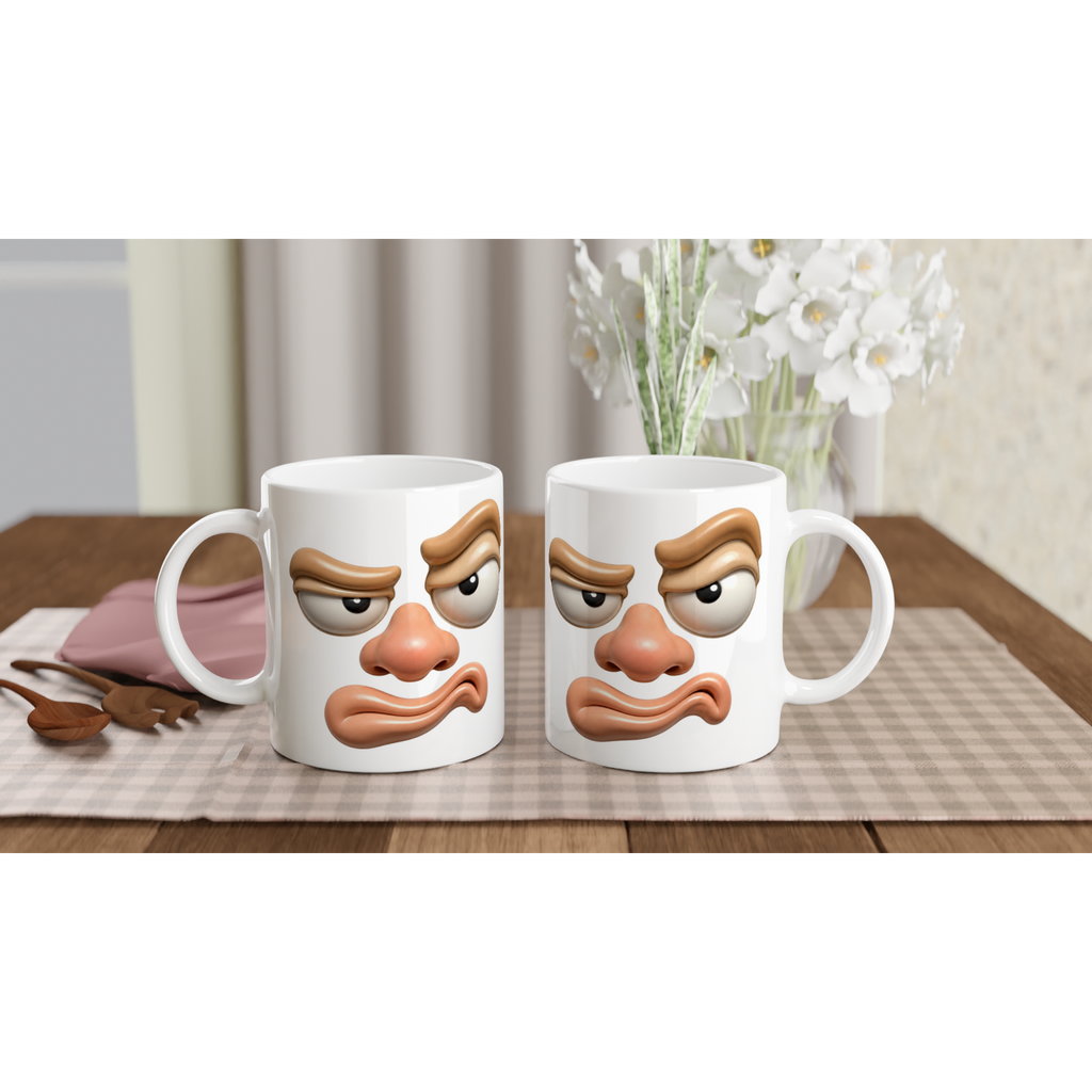 Deux mugs blancs au visage grognon, imprimé avant avec yeux noirs et nez rose.
