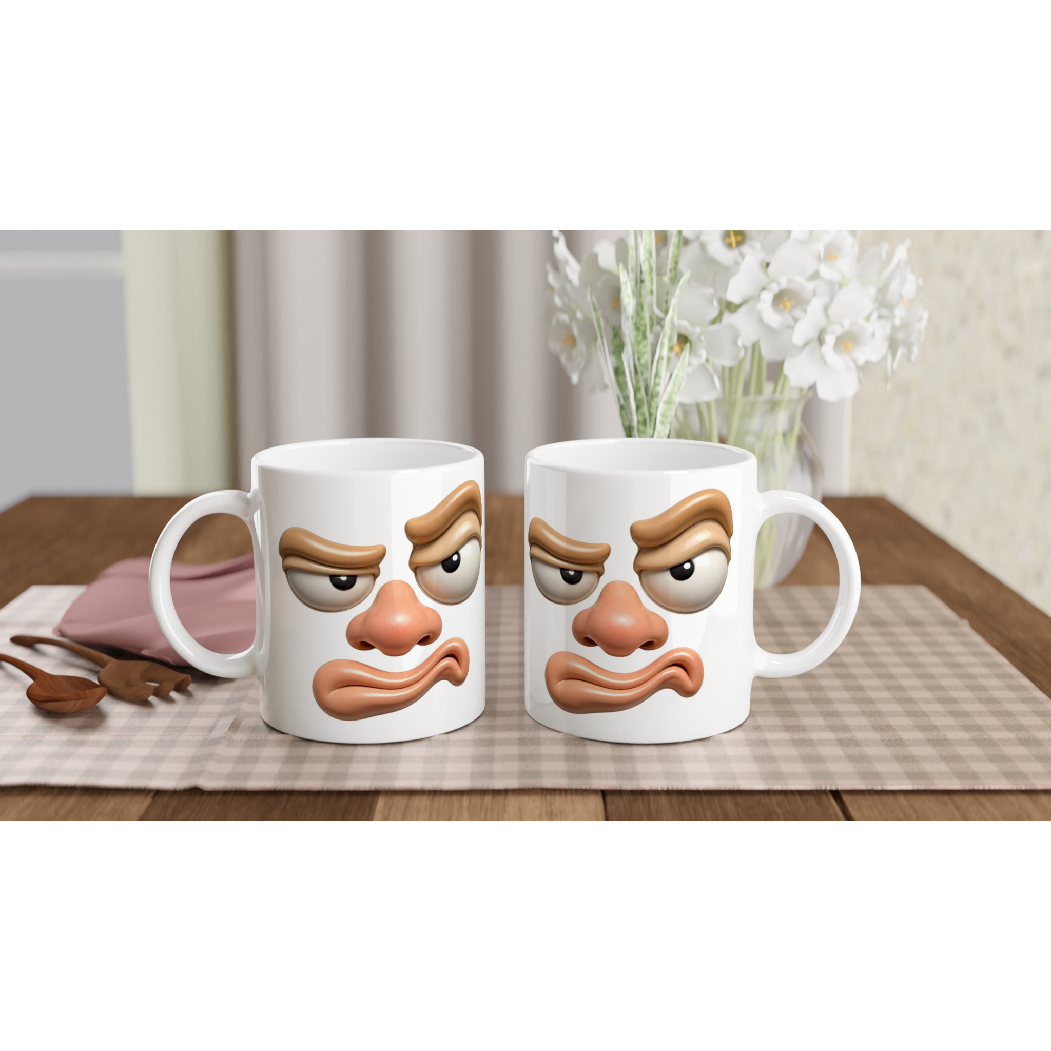 Deux mugs blancs au visage grognon, imprimé avant avec yeux noirs et nez rose.