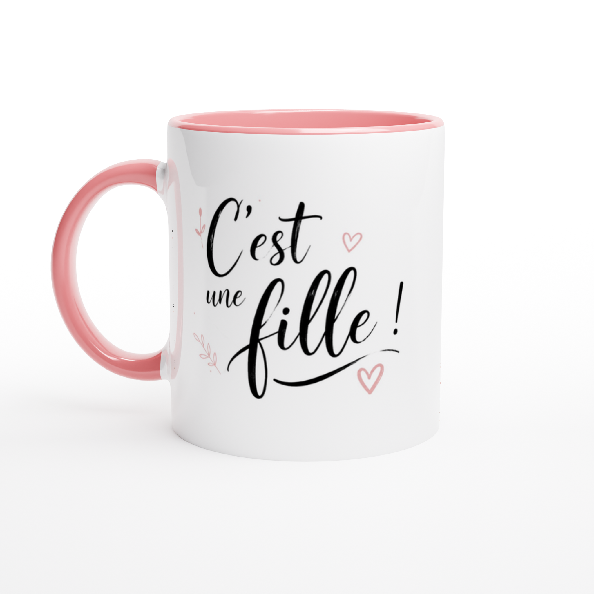 Tasse en céramique blanche avec anse rose et inscription « C’est une fille ! »