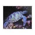 Puzzle tortue marine avec motif récif, tortue bleue et pièces noires assemblées