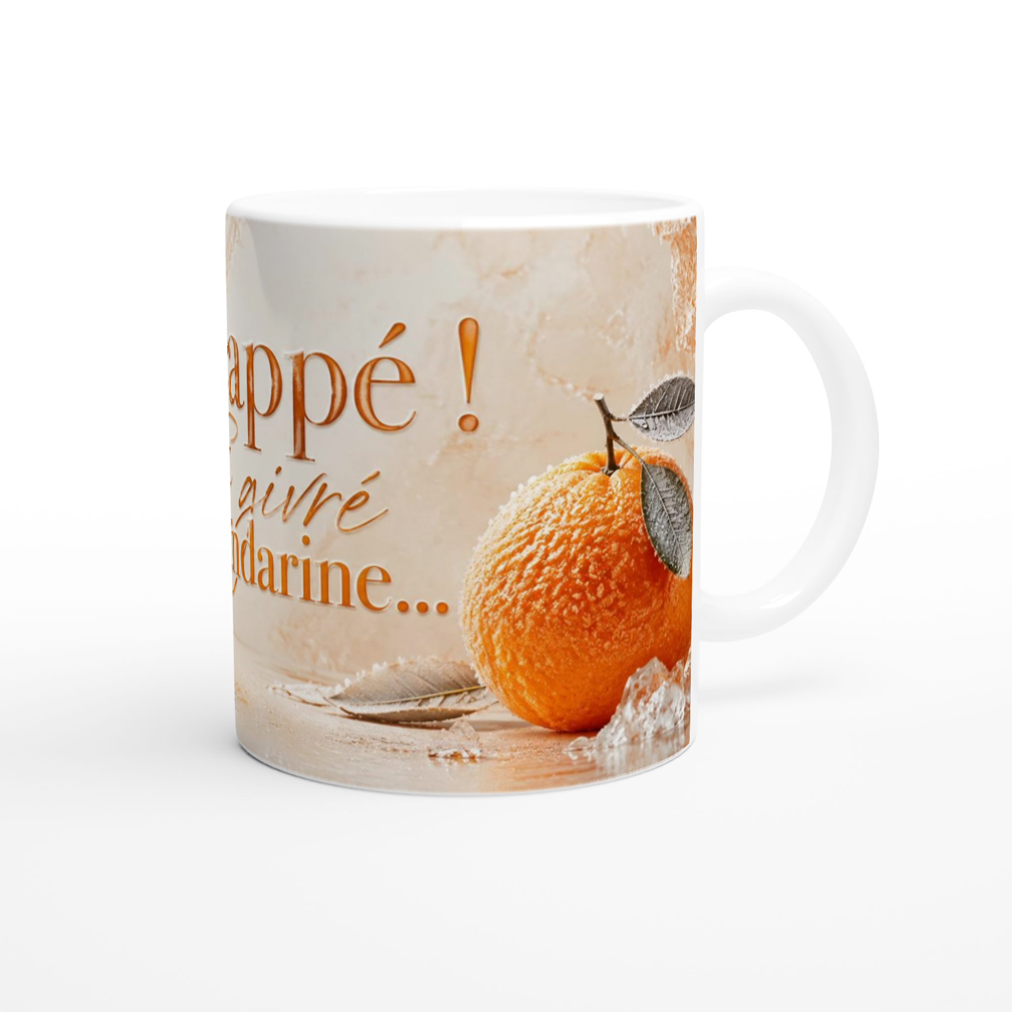 Mug en céramique blanche, impression mandarine orange et texte « café frappé »