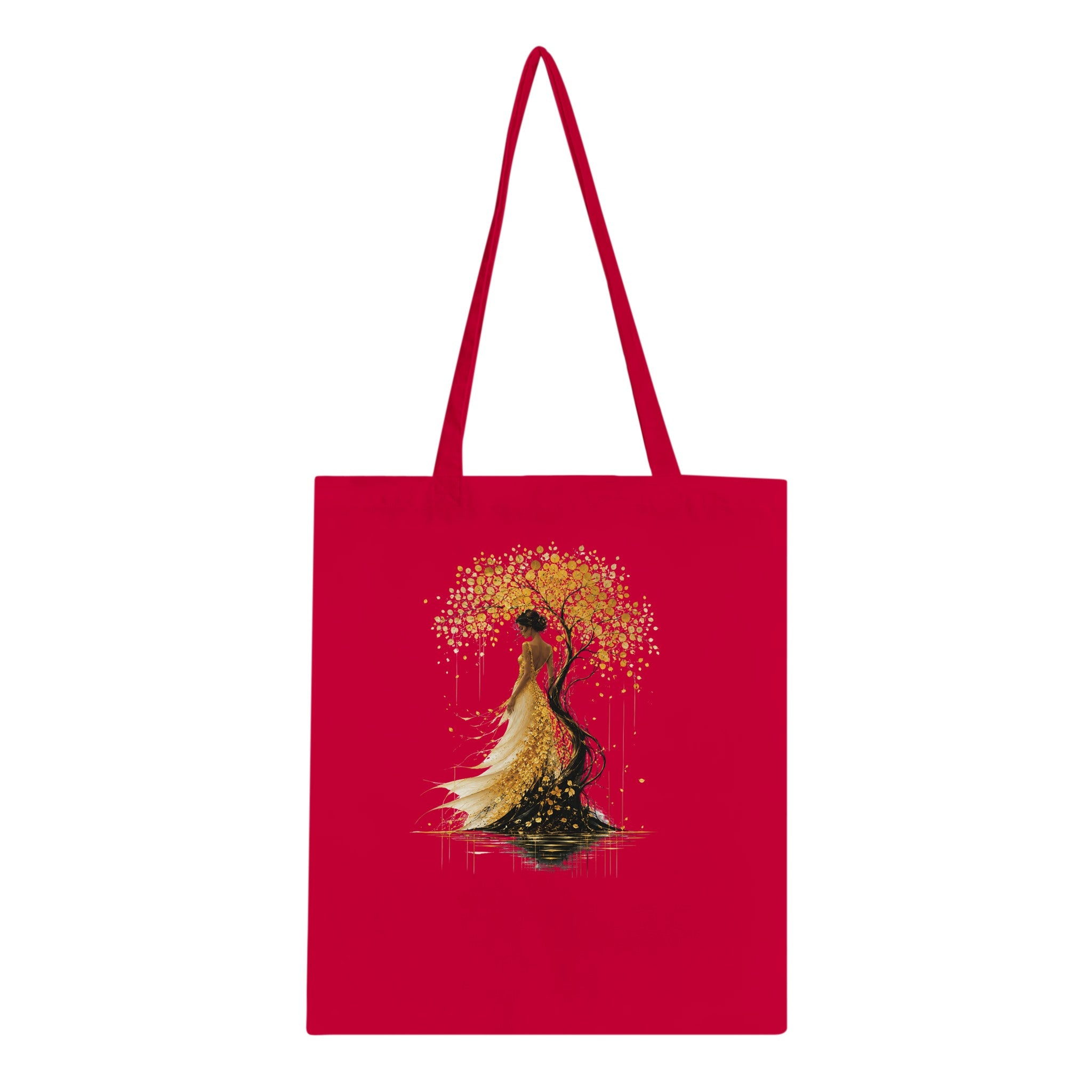 Sac cabas rouge avec motif arbre doré et silhouette de robe, anses longues