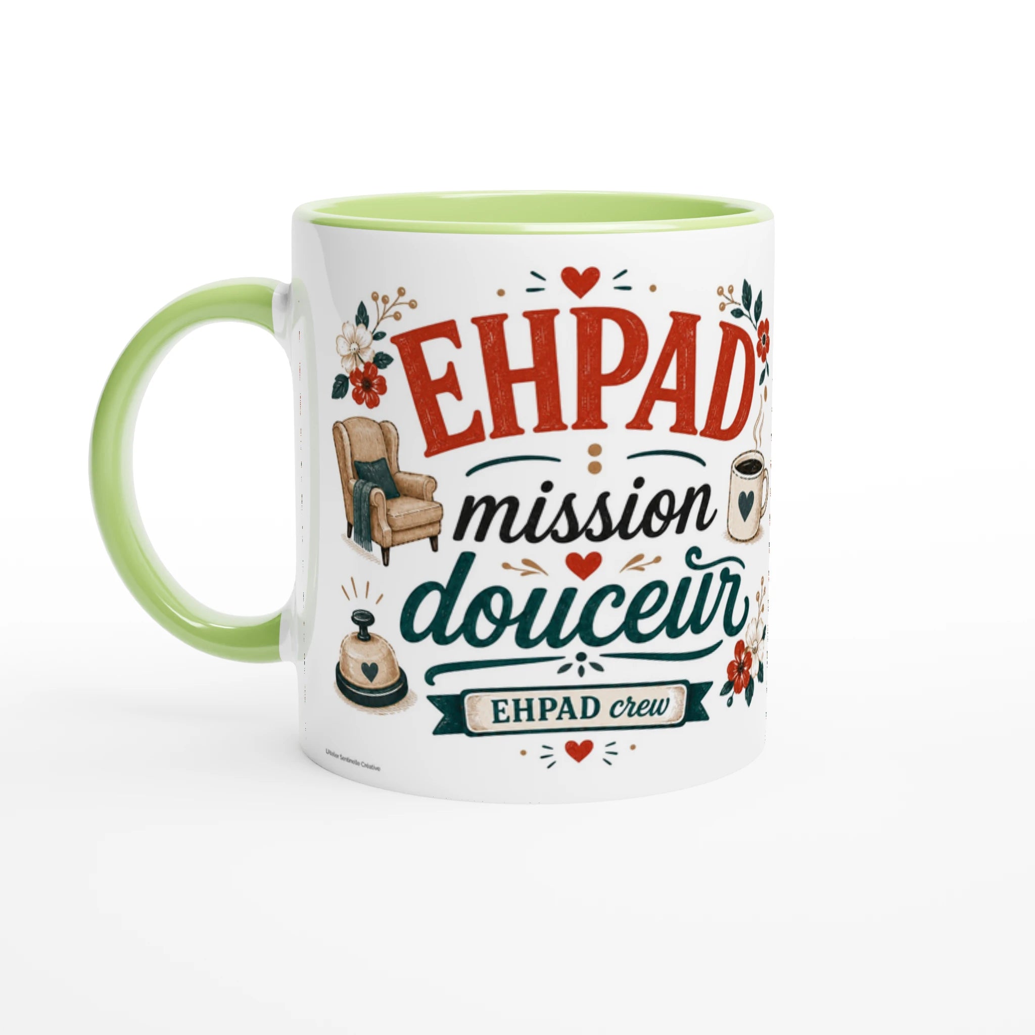 Mug blanc à anse vert, texte « EHPAD mission douceur » et cœurs