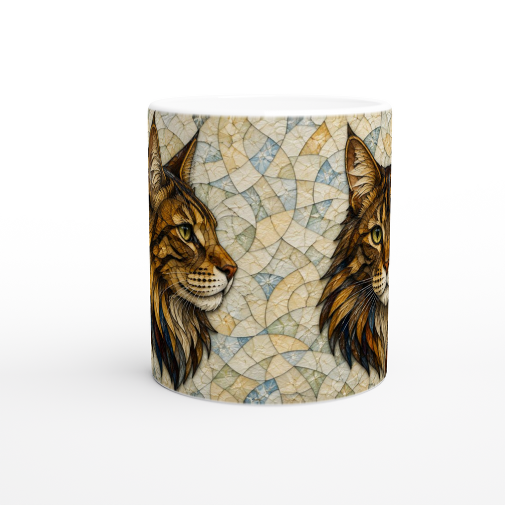 Tasse en céramique blanche 11 oz, vue de face, lion en mosaïque