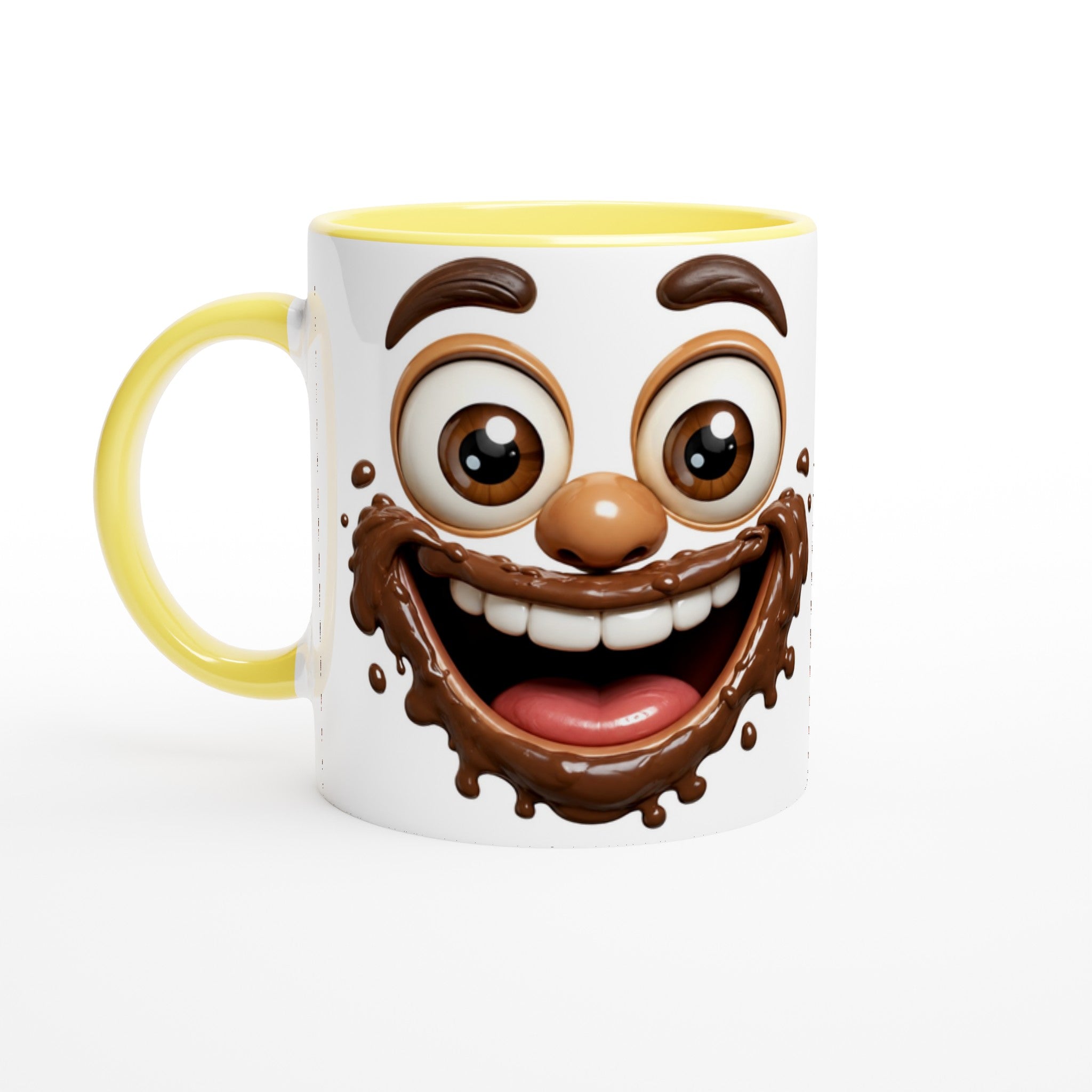 Mug en céramique blanche à rebord jaune et anse jaune, visage chocolat souriant