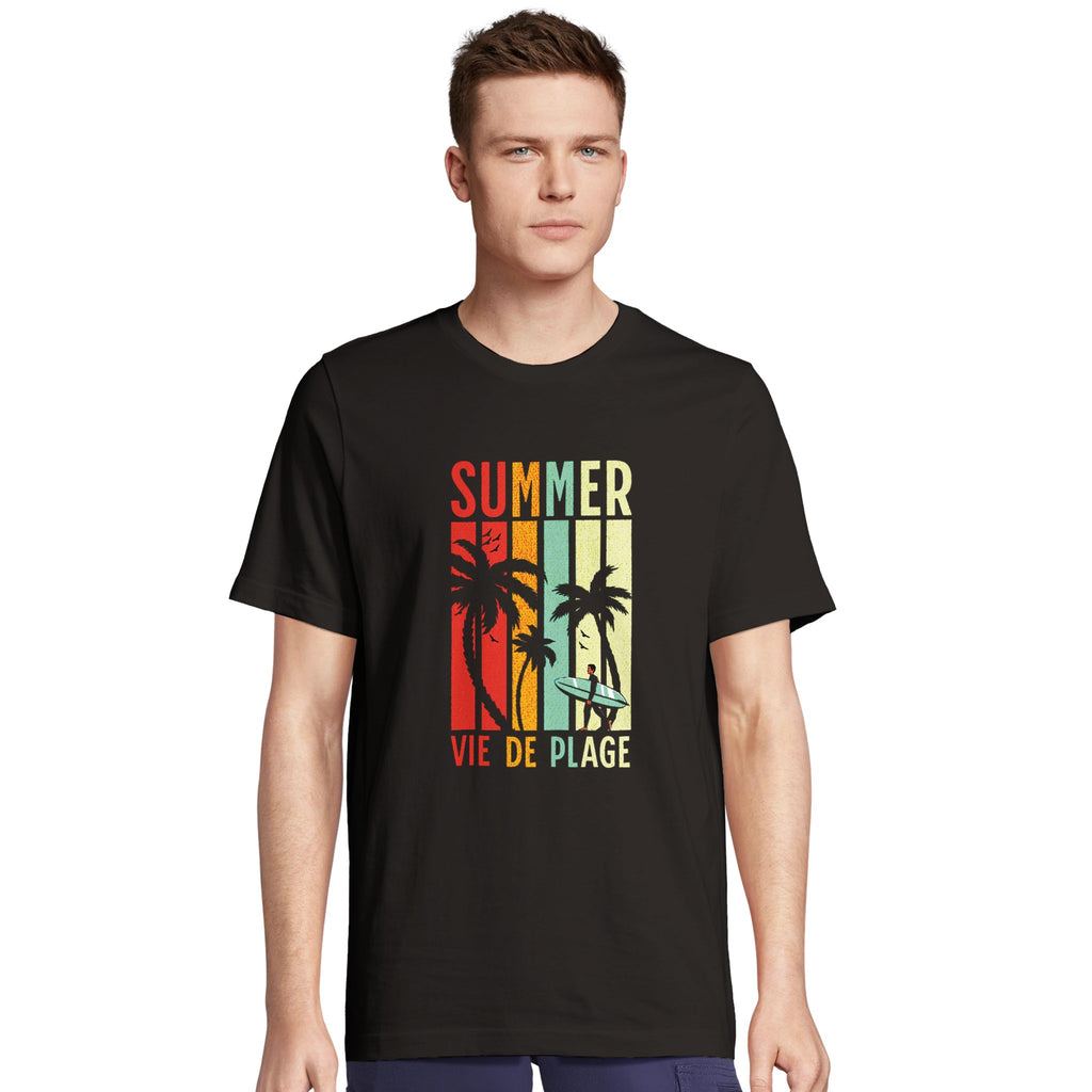 T-shirt noir oversize unisexe avec imprimé rétro coloré orange, jaune, vert de palmiers et coucher de soleil, texte "Summer.