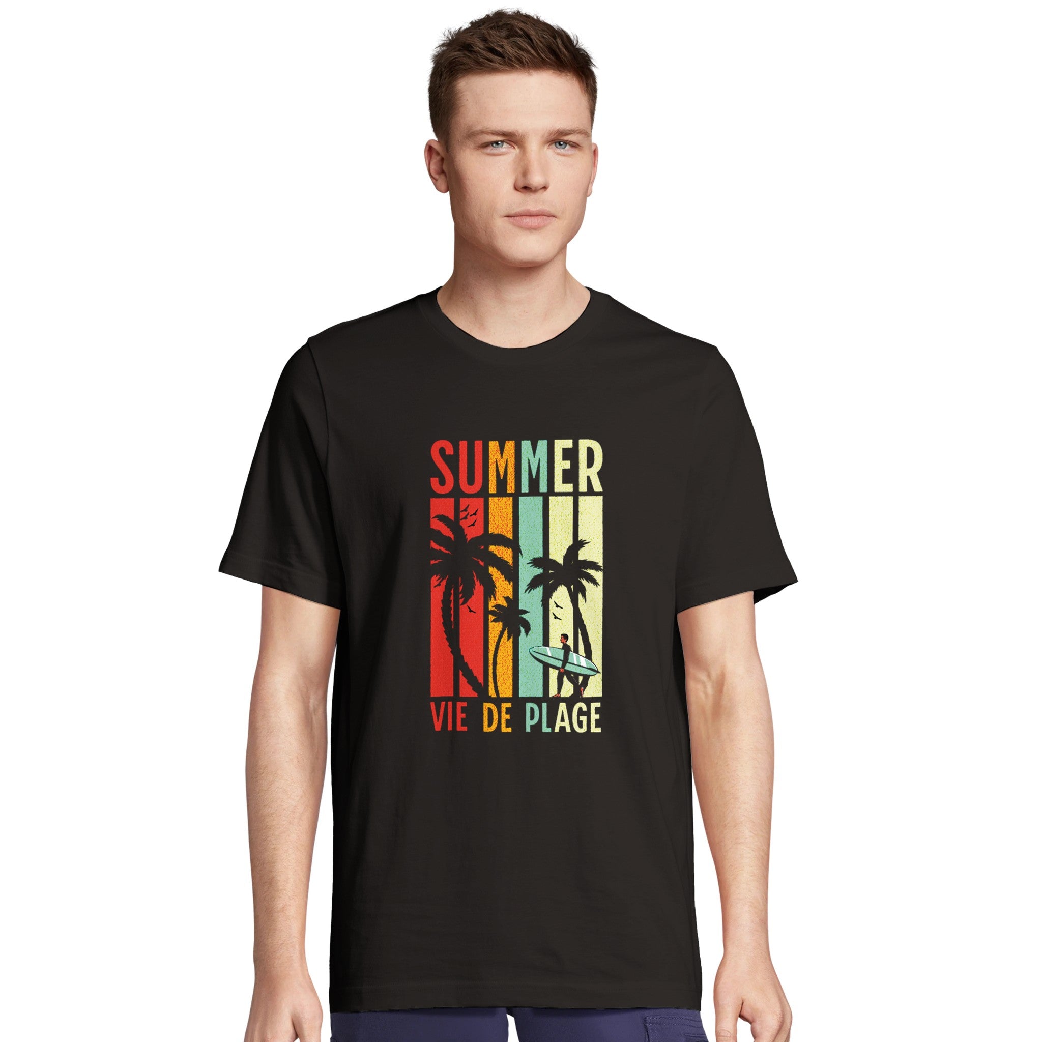 T-shirt noir oversize unisexe avec imprimé rétro coloré orange, jaune, vert de palmiers et coucher de soleil, texte "Summer.