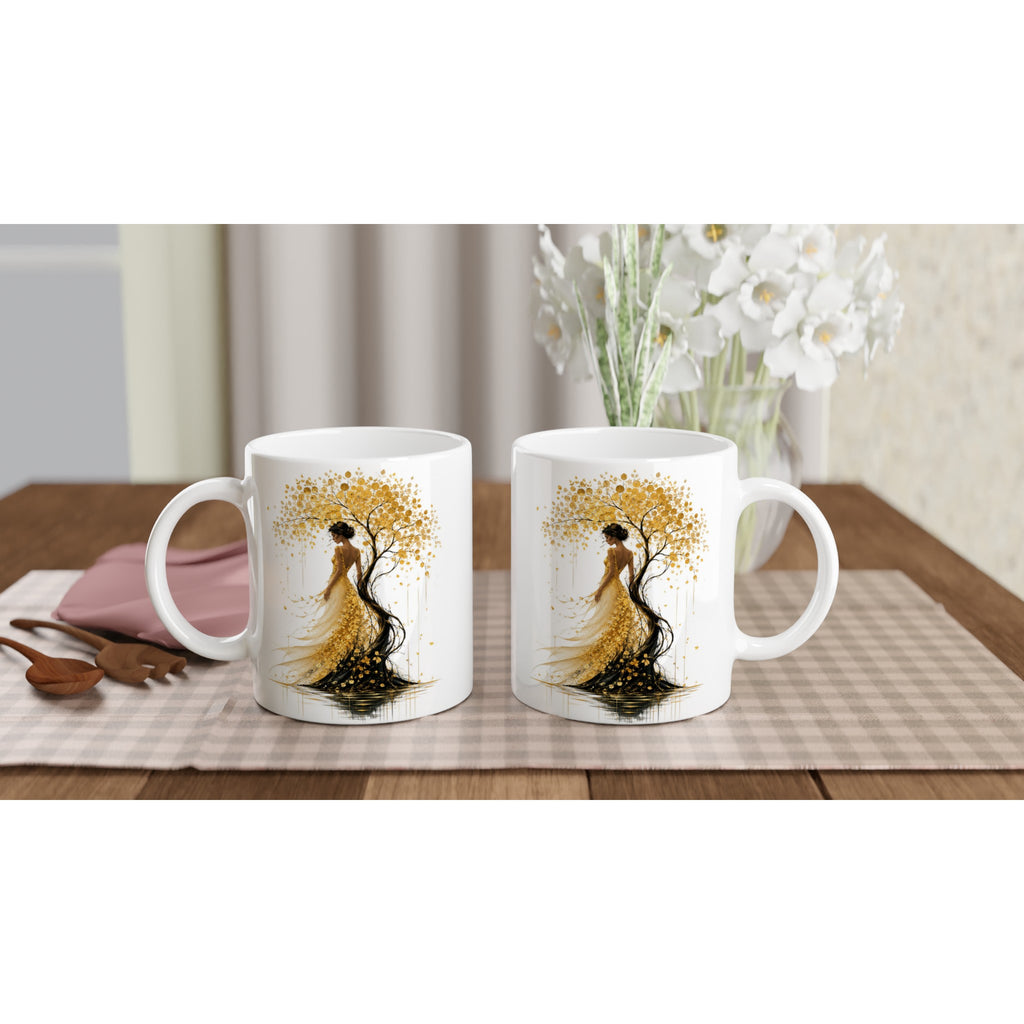Deux mugs blancs avec motif femme et arbre doré, face visible