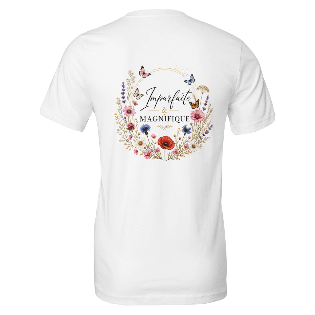 T-shirt femme blanc à col rond, dos avec imprimé floral en couronne et papillons.