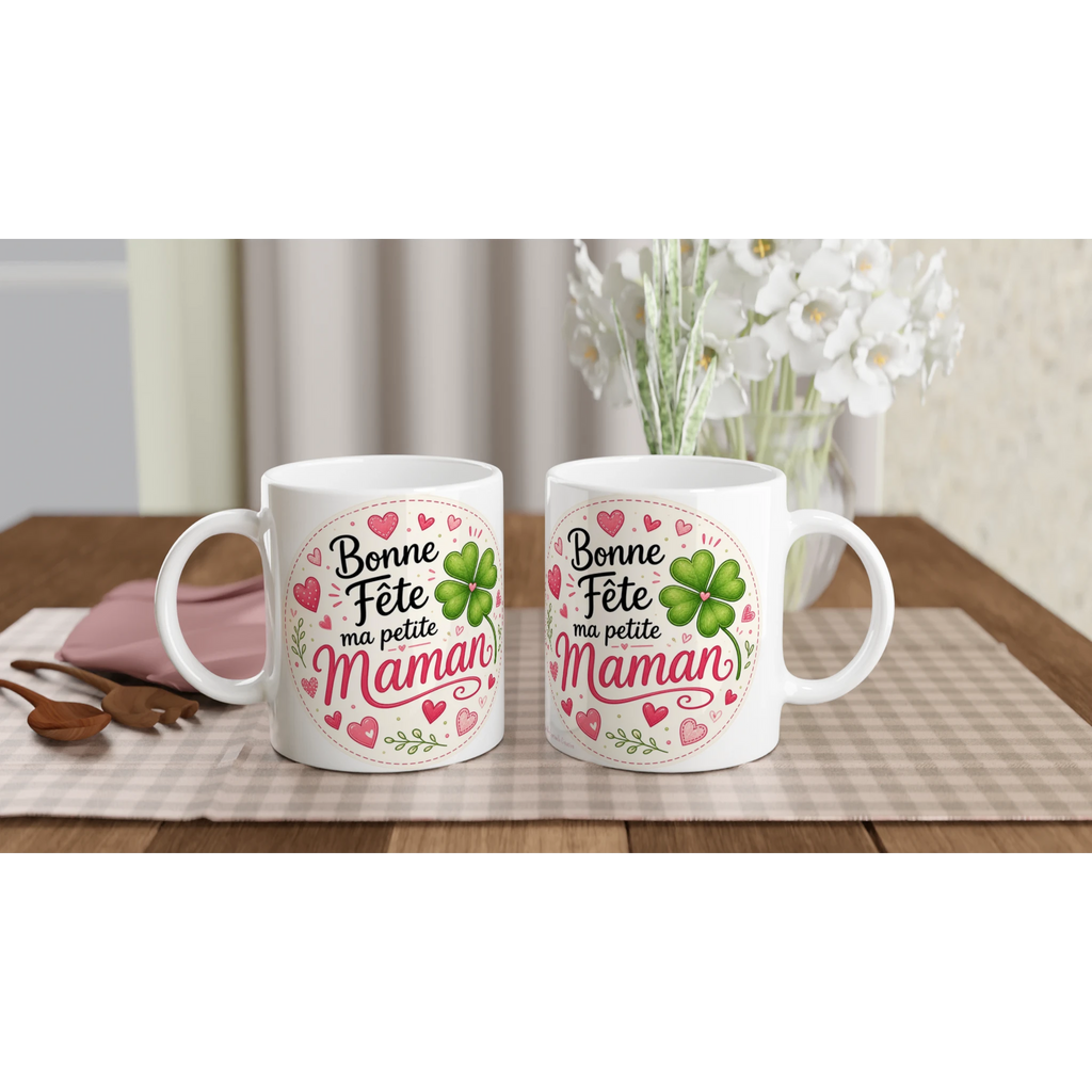 Deux mugs blancs avec décor «Bonne Fête ma petite Maman», anse blanche