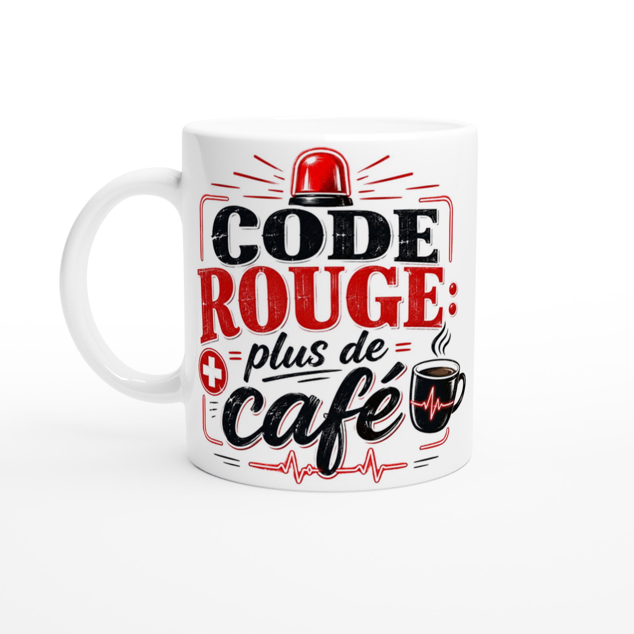 Mug céramique blanc, gros plan sur le motif « Code Rouge plus de café ».