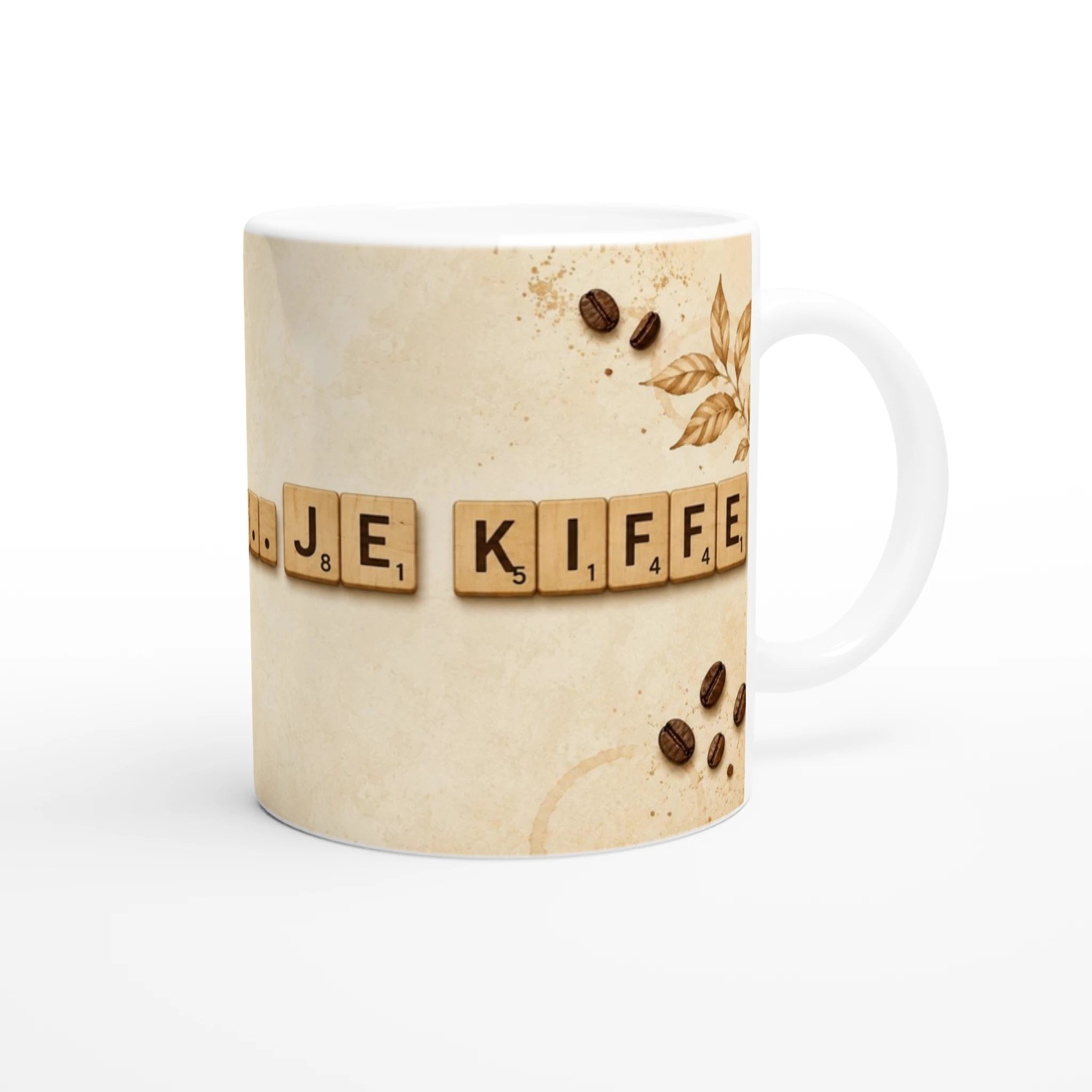 Tasse en céramique blanche, décor lettres café avec grains et feuille