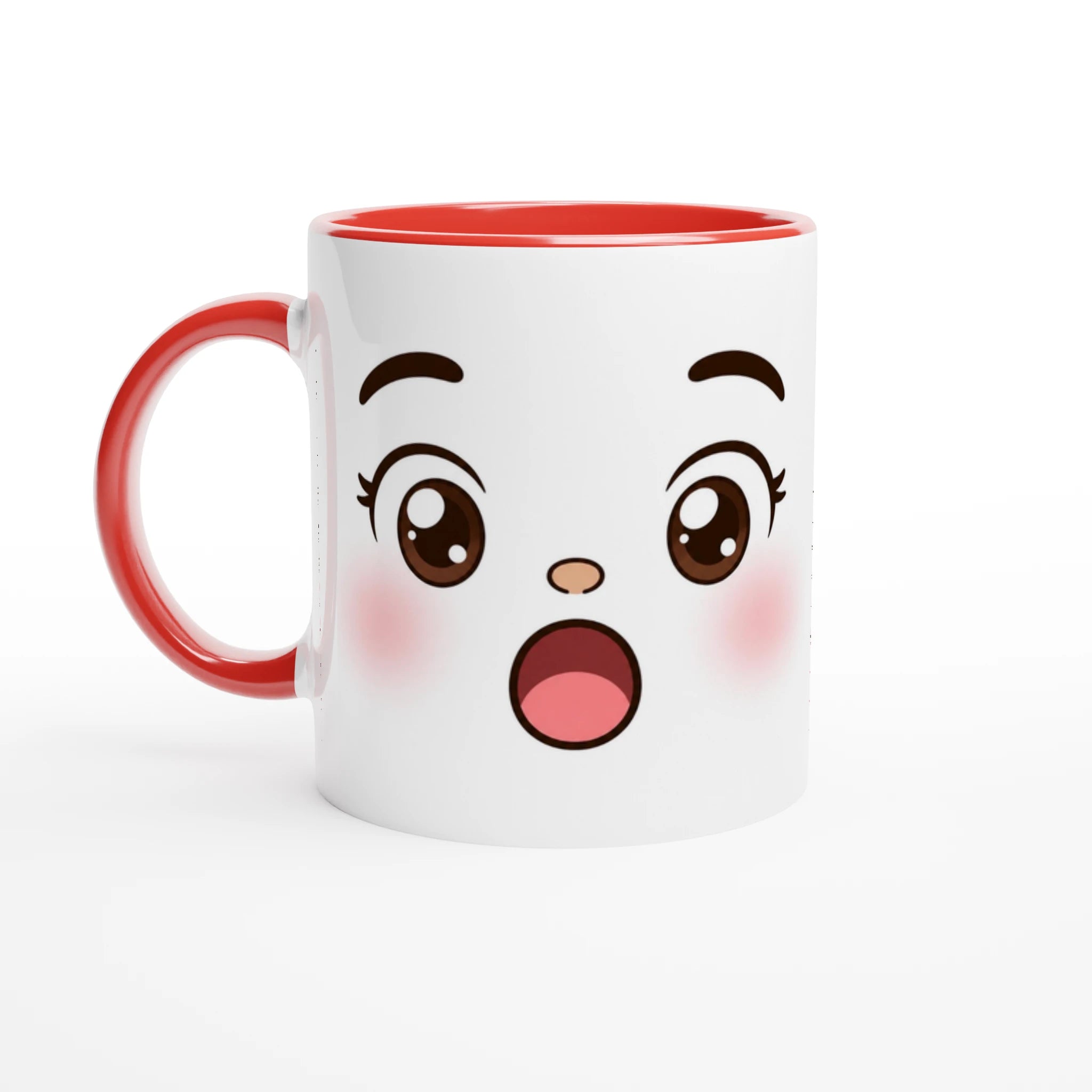 Tasse en céramique blanche au visage kawaii, poignée rouge et bords rouges.